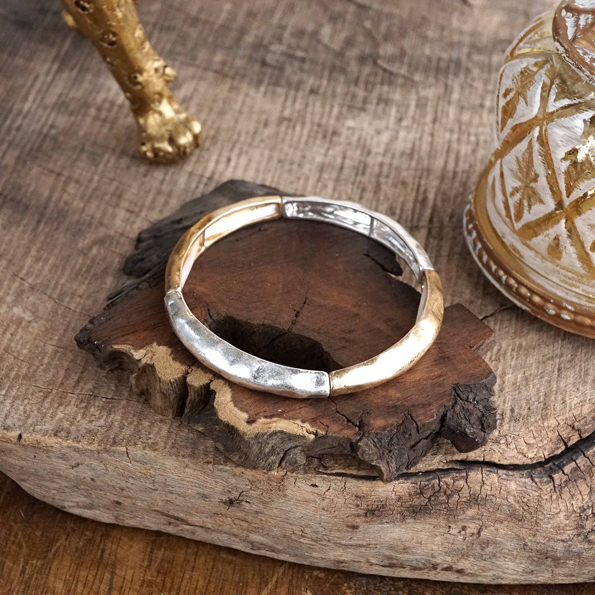 Boho Stretchy Minimalist Bangle Raw Textured Worn Silver tones