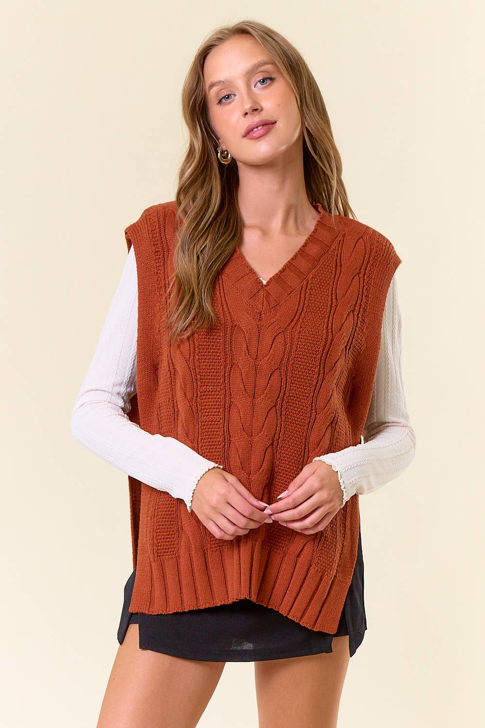 V-Neck Drop Shoulder Cable Sweater Vest