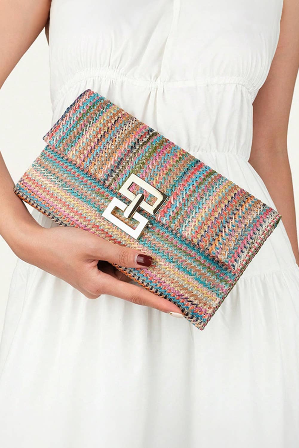 Woven Metal Clasp Flap Handbag