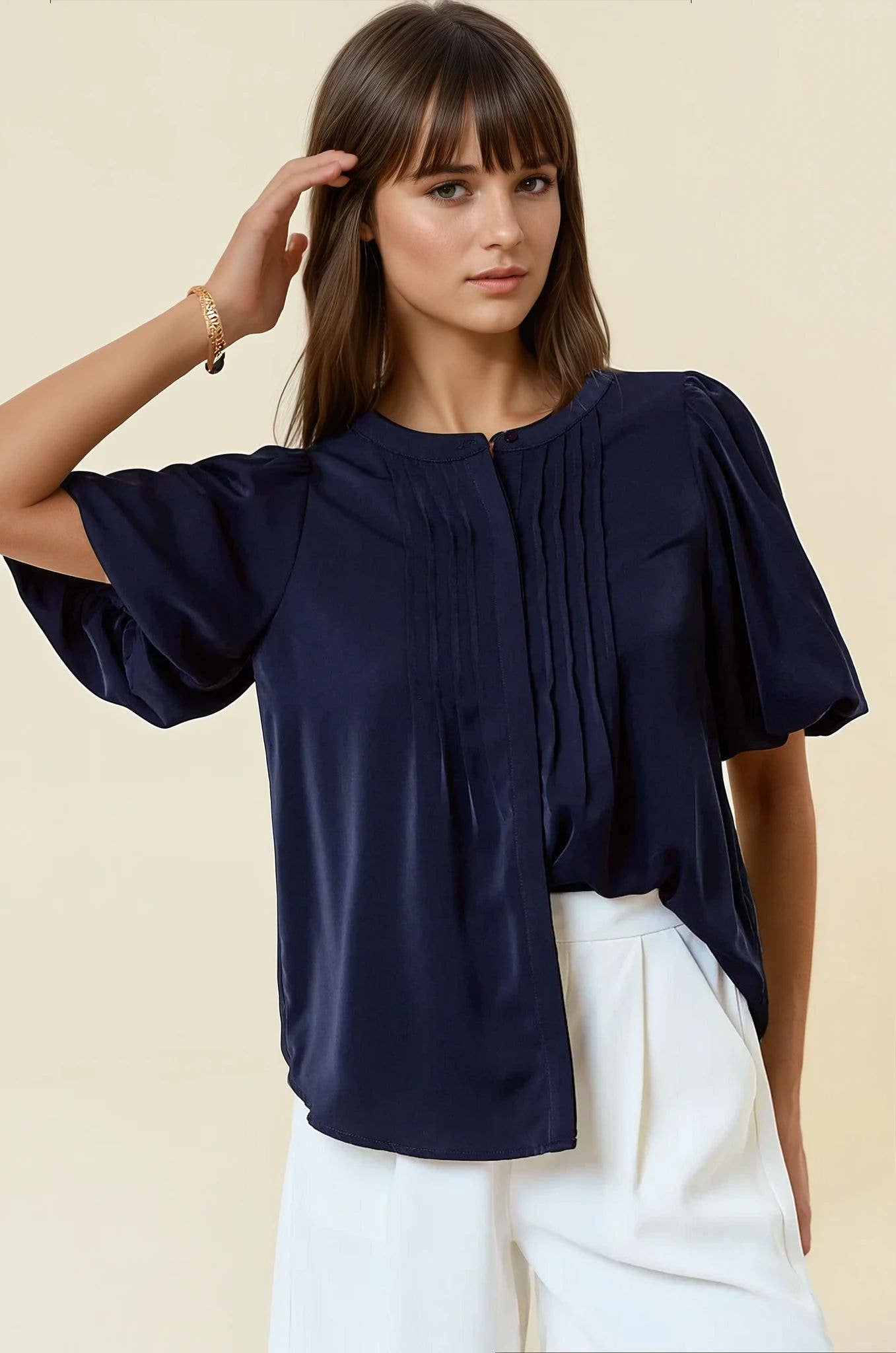 BUBBLE PINTUCK BUTTON DOWN BLOUSE
