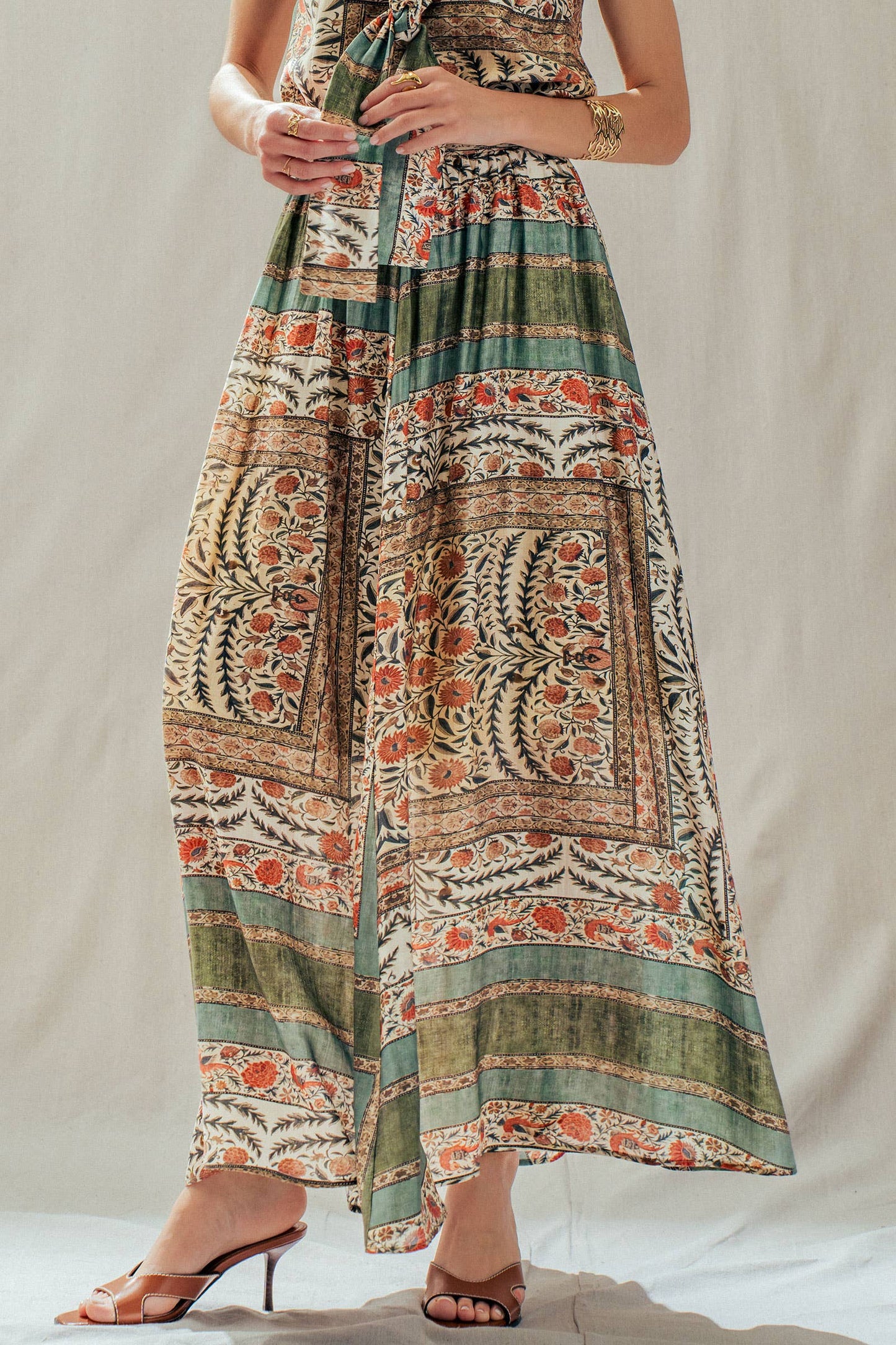 Botanical Bird Print Tencel Blend Maxi Skirt