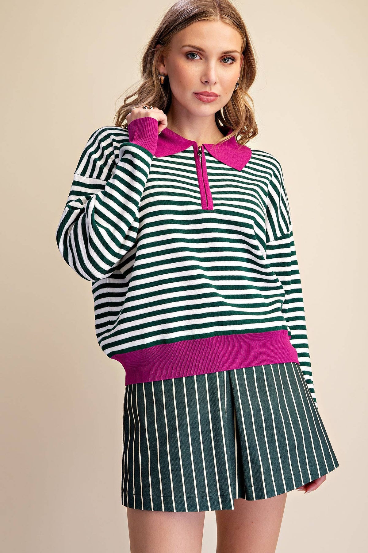 Collar Zip Neck Long Sleeve Stripe Sweater