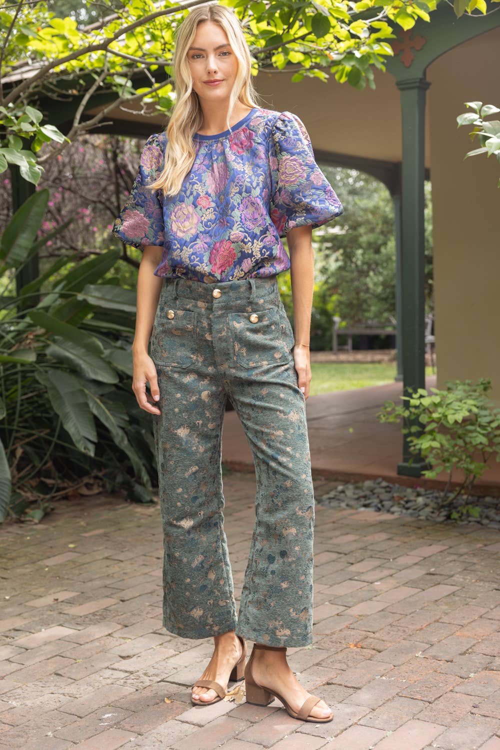 Gold Button Abstract Velvet Jaquard Wide Leg Pants