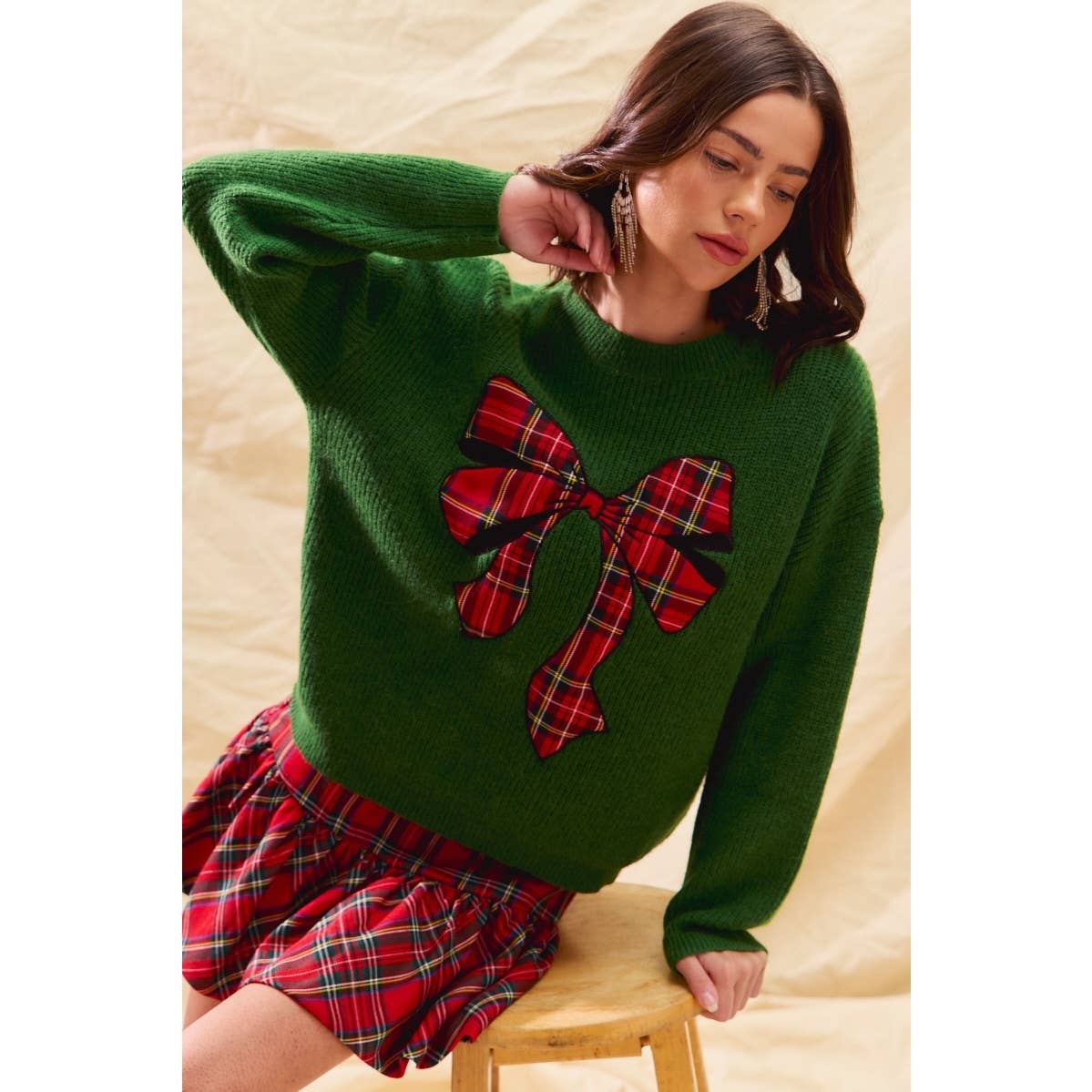 CHECKER PLAID RIBBON CHRISTMAS HOLIDAY SWEATER TOP