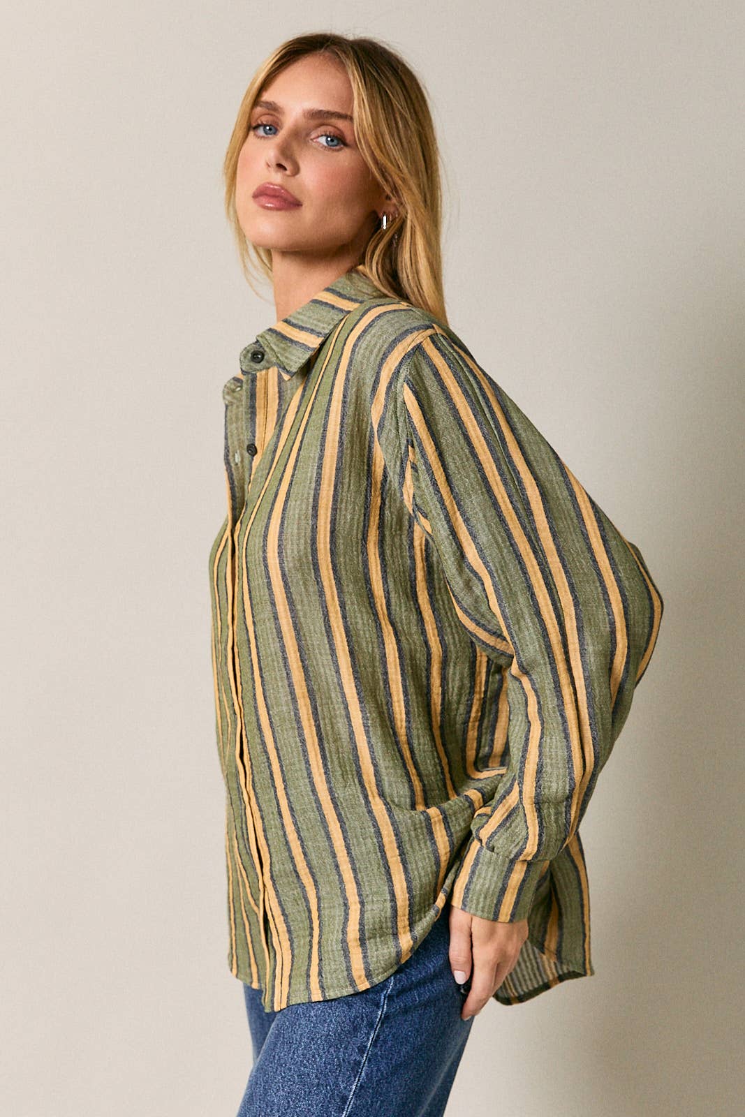 Dolman Long Sleeve Button Down Striped Shirt