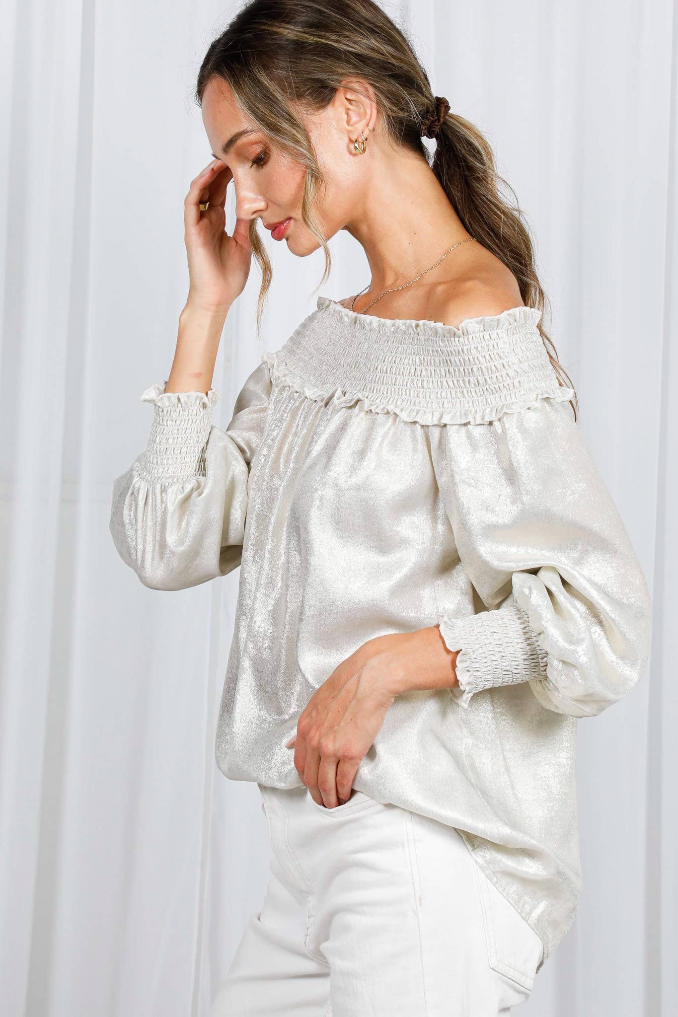 Metallic Woven Off-The-Shoulder Smocked Blouse