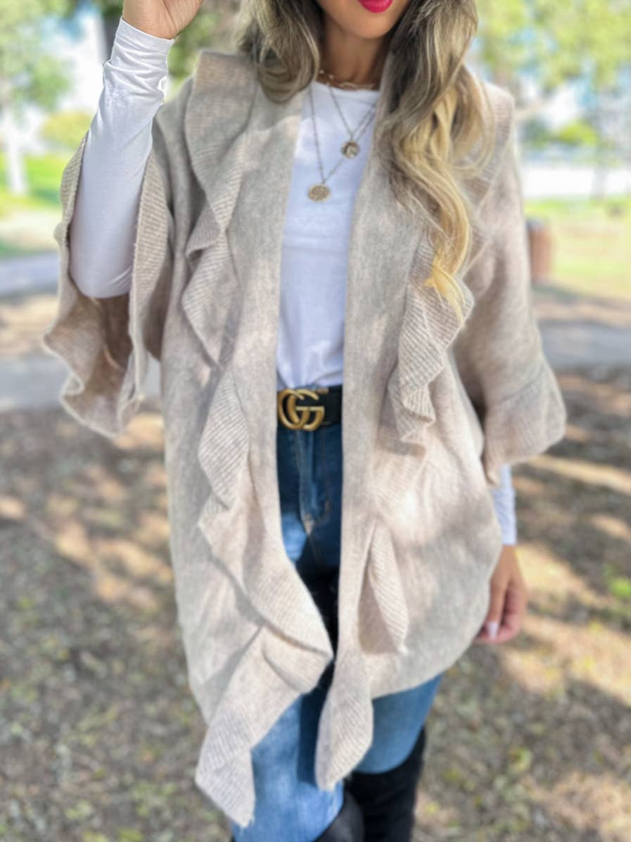 Oatmeal Beige Soft Knit Ruffle Detail Cardigan