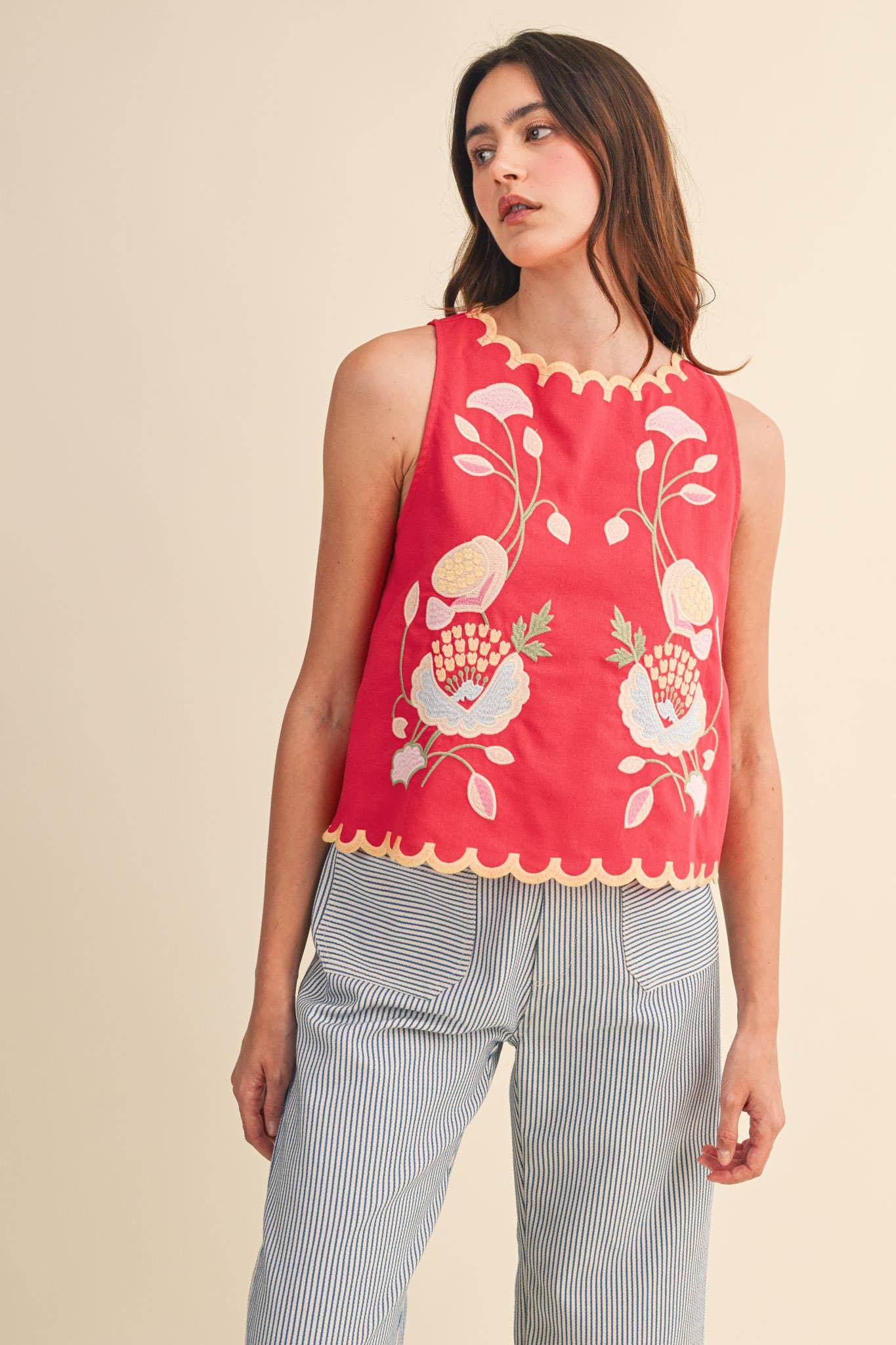 FLORAL EMBROIDERY SCALLOPED TANK