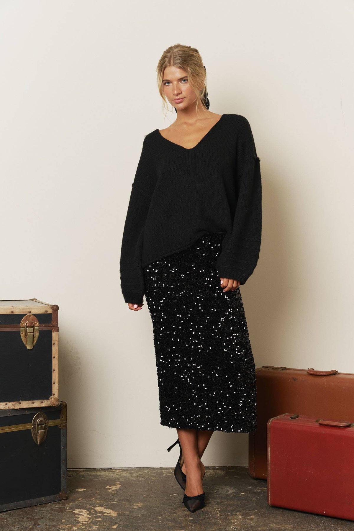 ALL-OVER SEQUIN PENCIL MIDI SKIRT
