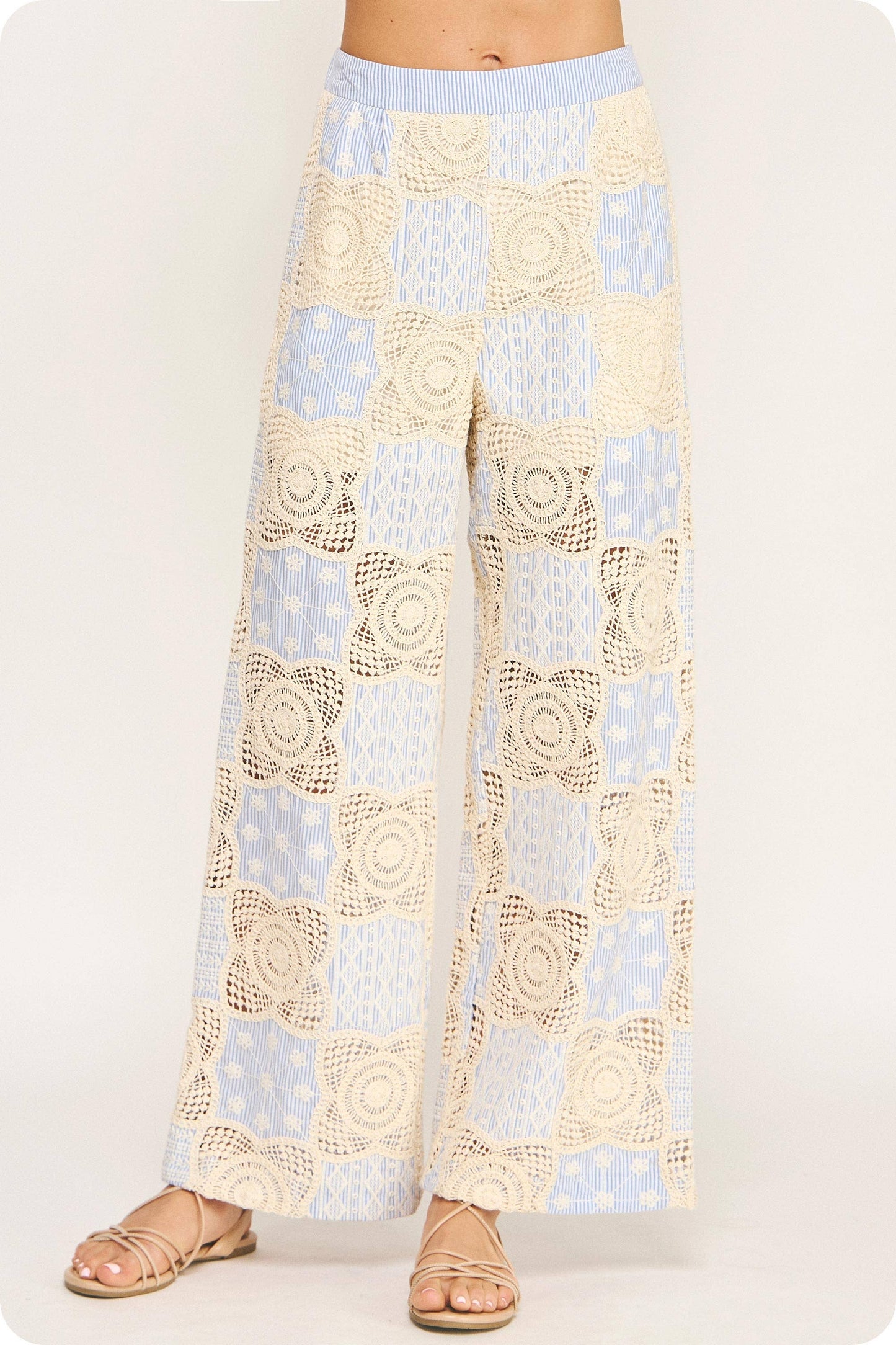Crochet Striped Pleated Detail Wide-Leg Pants