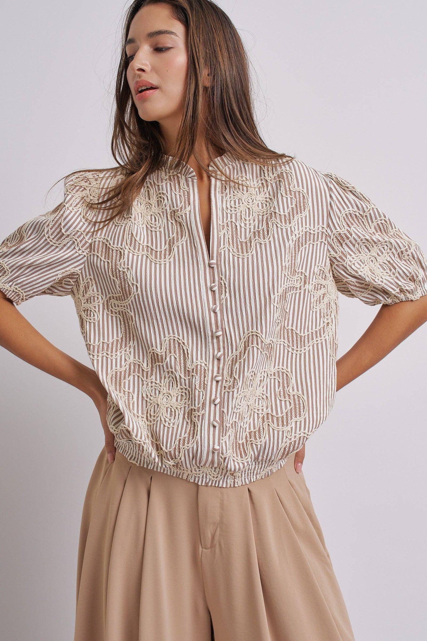 Corded Lace Embroidered Striped Puff Sleeve Blouse