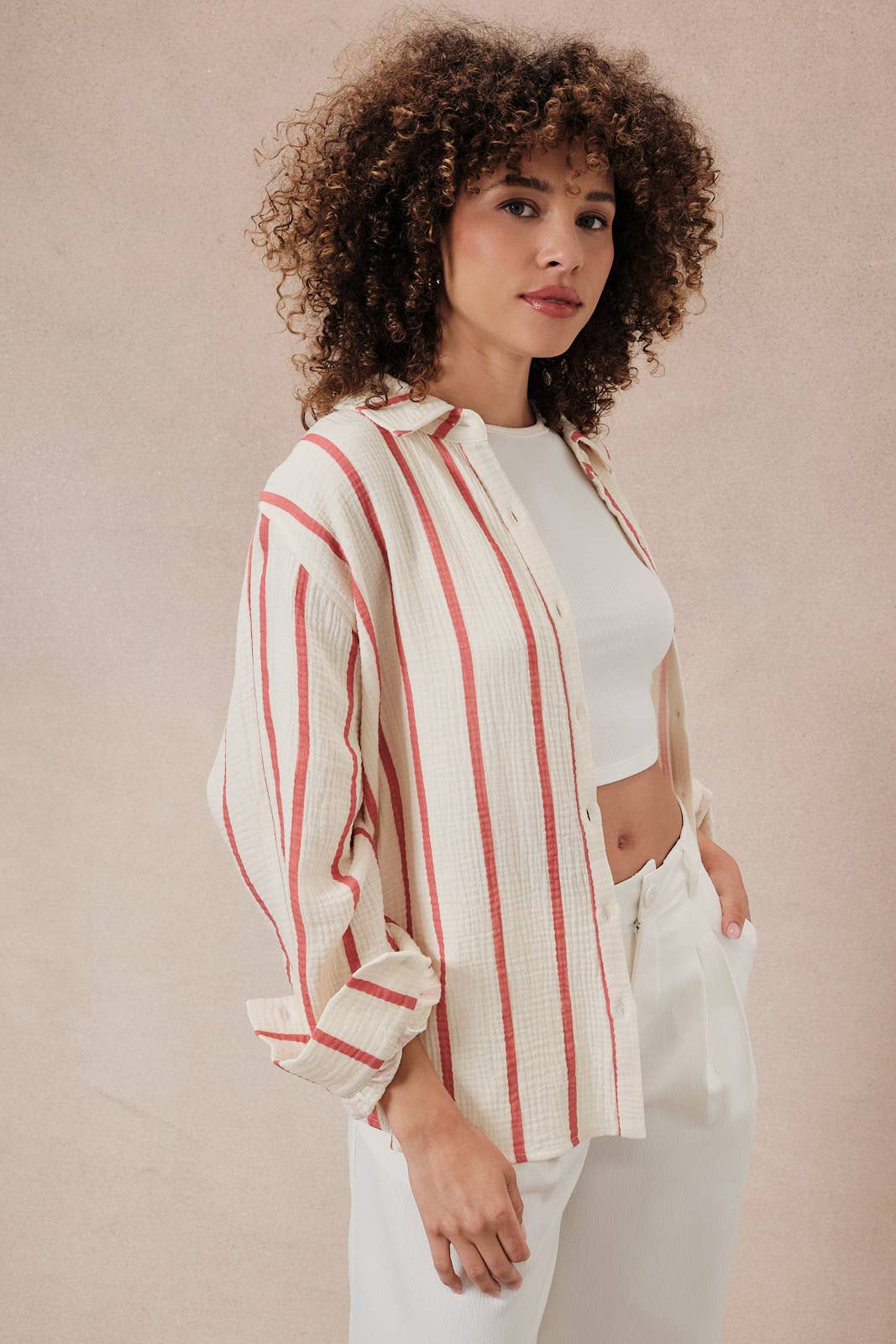 DOLMAN LONG SLEEVE BUTTON DOWN DOUBLE GAUZE STRIPE SHIRT