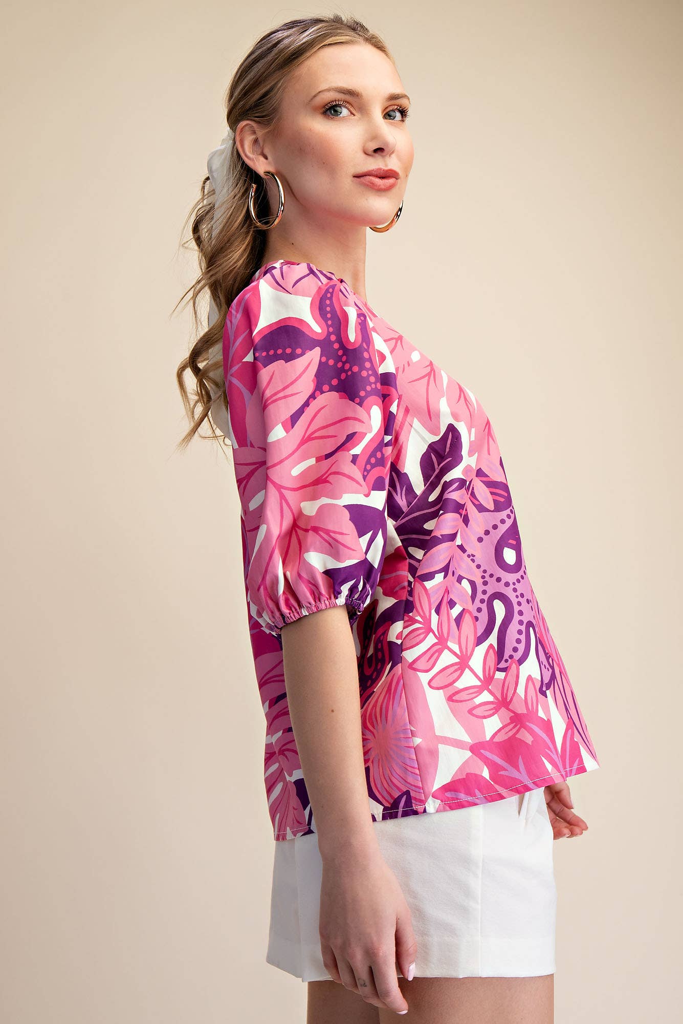 Puff Sleeve Tropical Printed Top