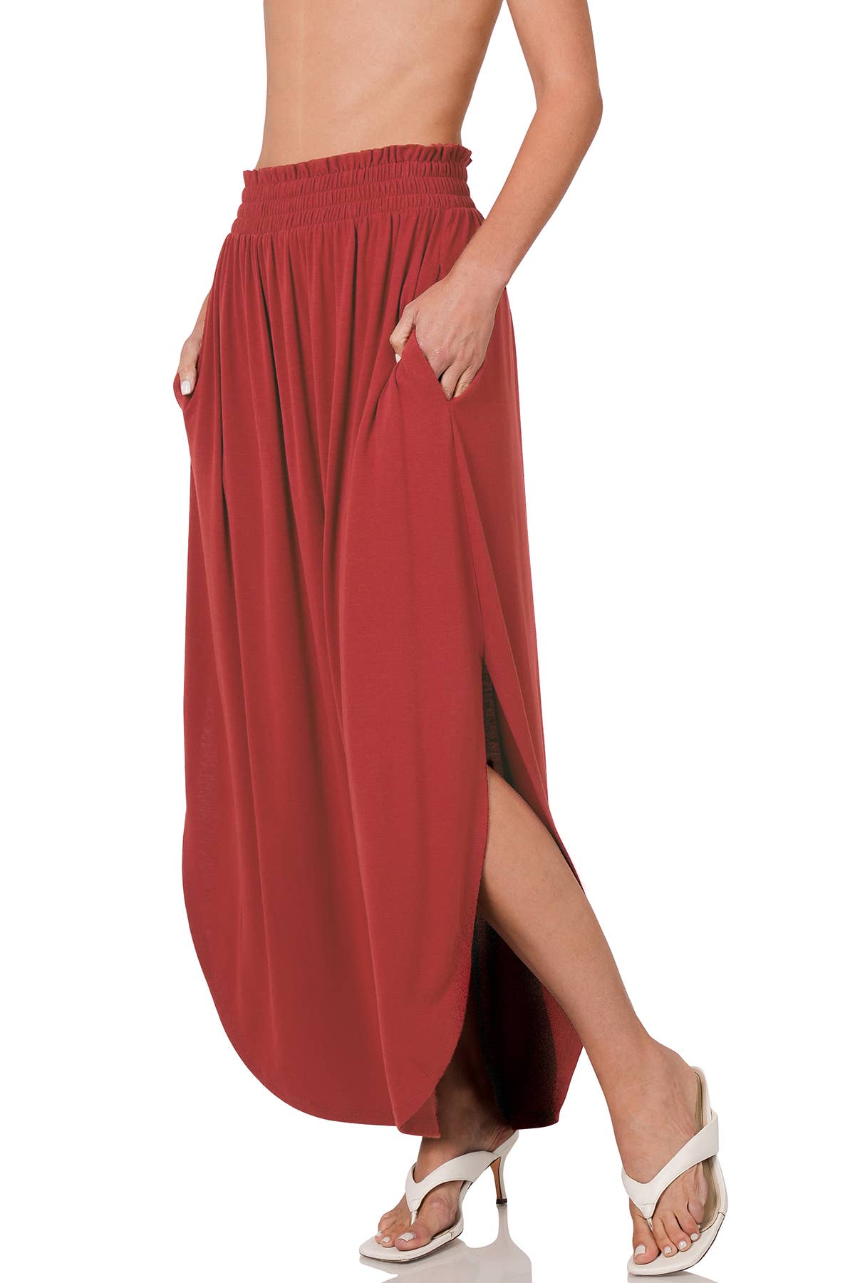 SMOCKED WAIST SIDE SLIT MAXI SKIRT WITH POCKETS