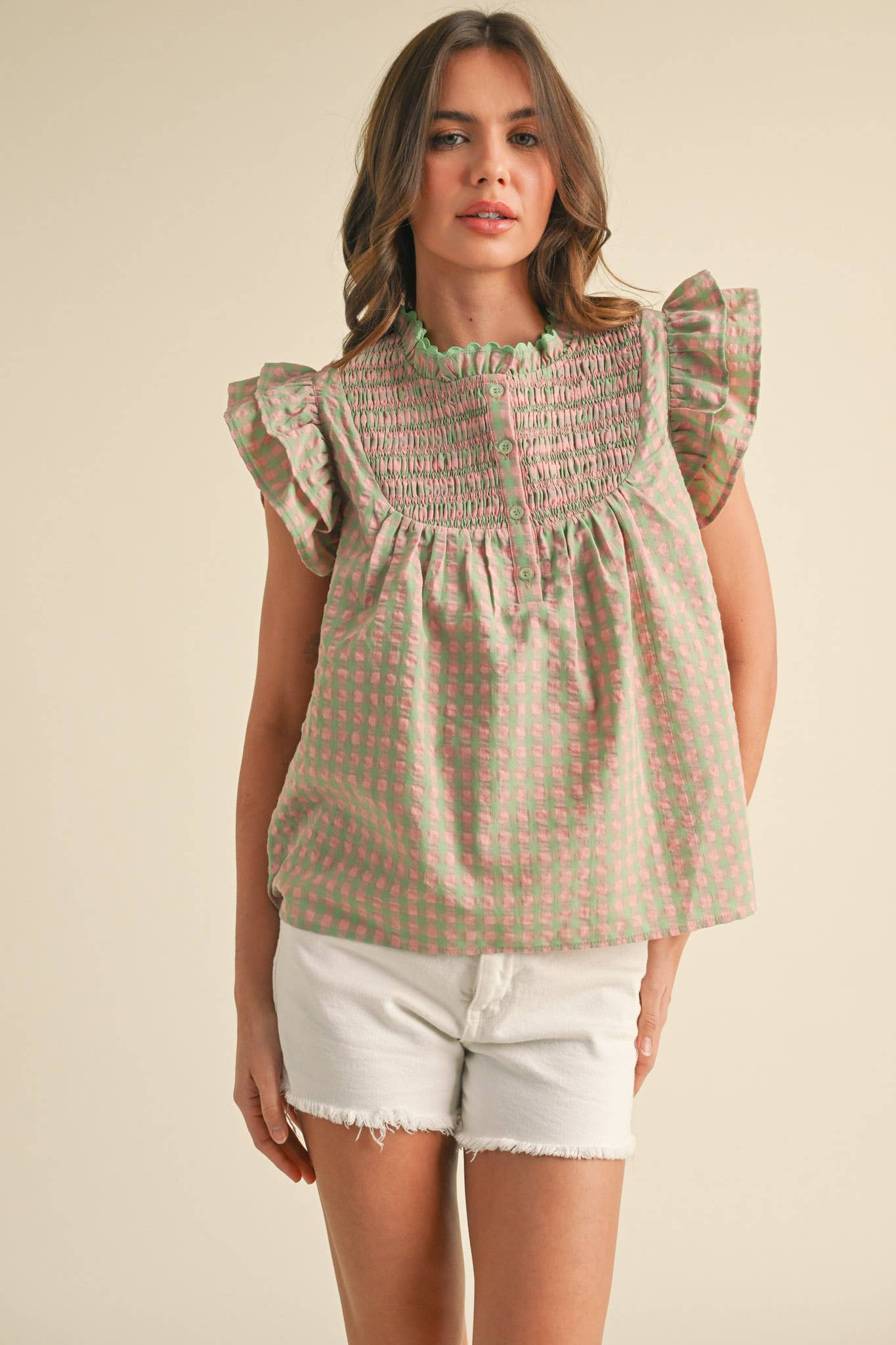 GINGHAM FLUTTER SLEEVE TOP