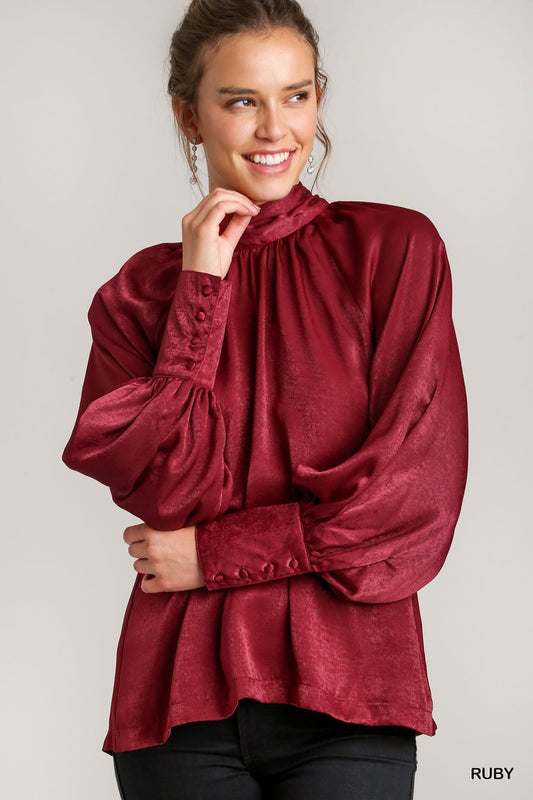 Charmeuse Satin High Neck Balloon Sleeve Top with Tie