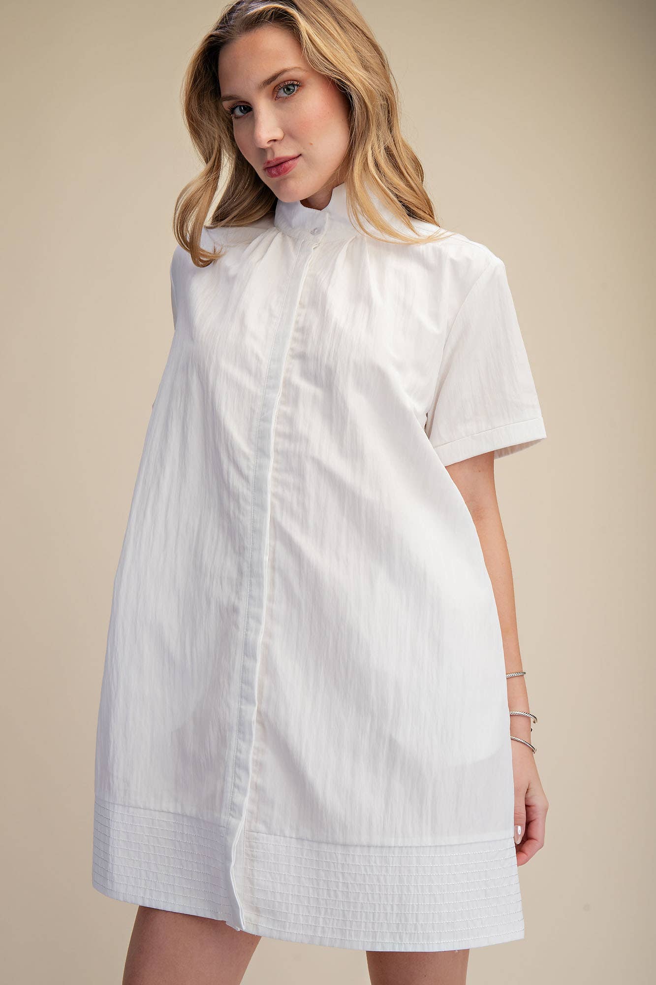 Stand Collar Short Sleeves Button Down Shift Dress