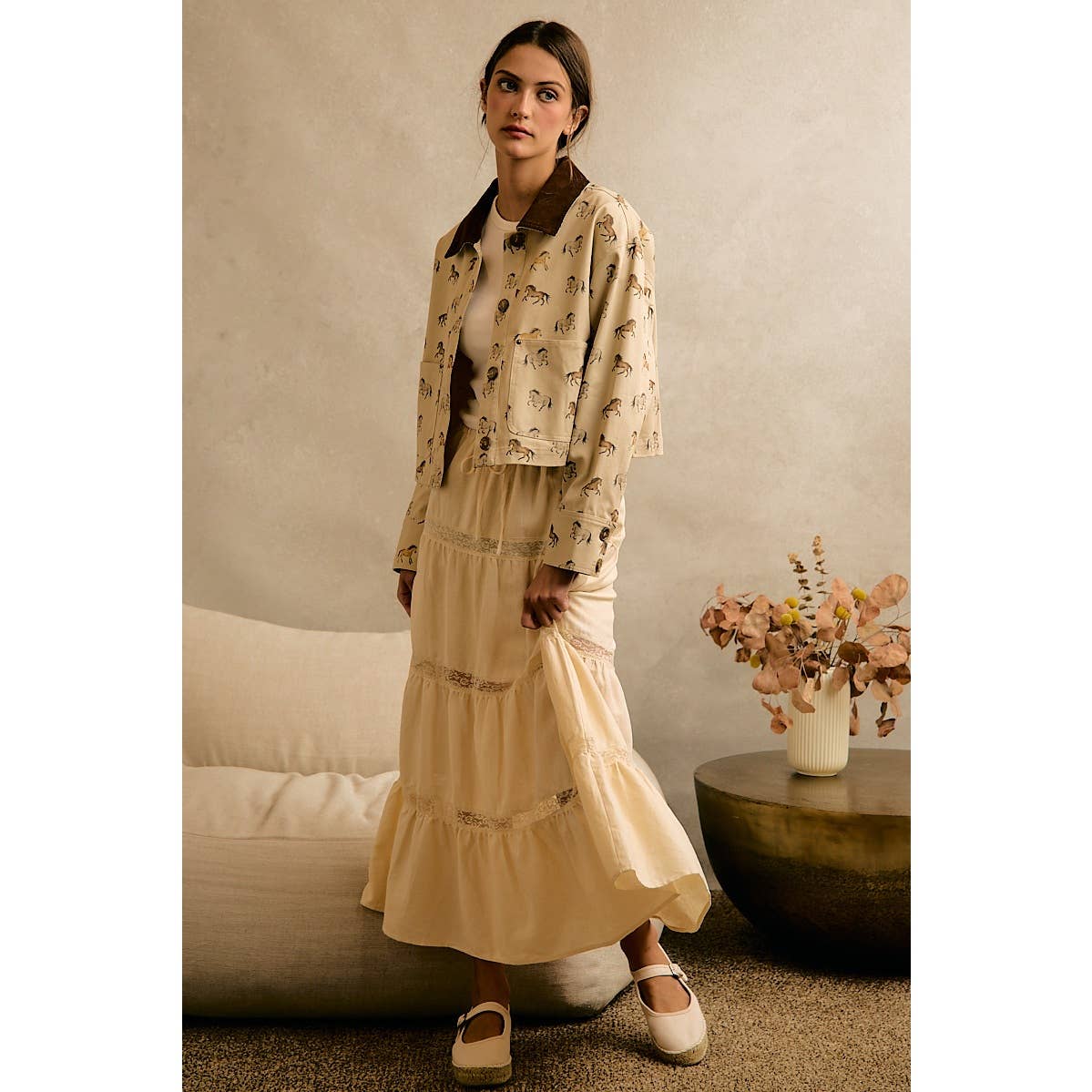 HORSE PRINT CORDUROY COLLAR JACKET