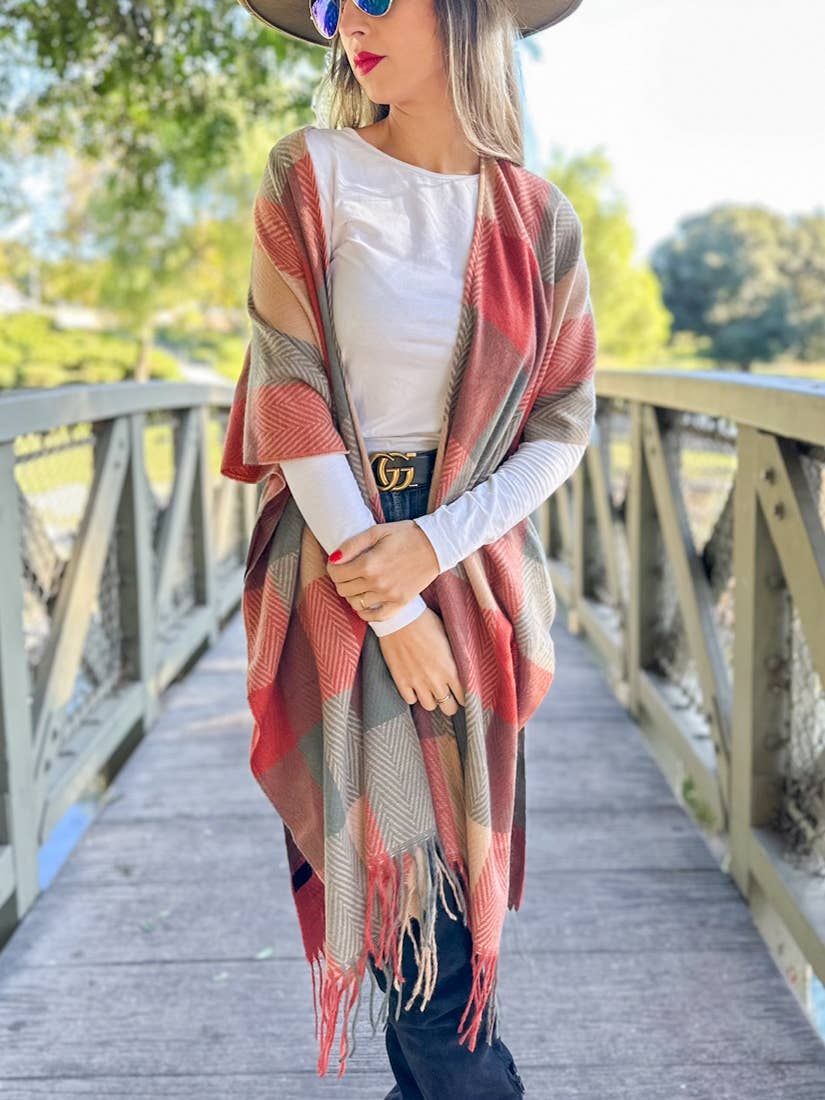 Elegant Rust  Check Plaid Ruana Cardigan with Tassels