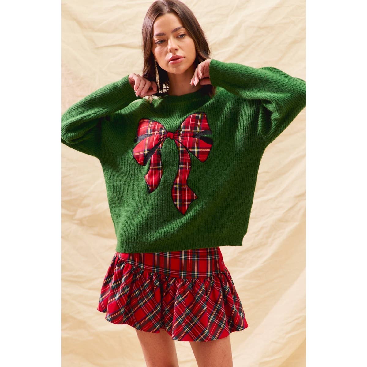 CHECKER PLAID RIBBON CHRISTMAS HOLIDAY SWEATER TOP