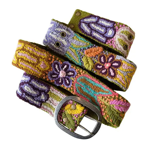 Floral Embroidered Wool Belt, Olive