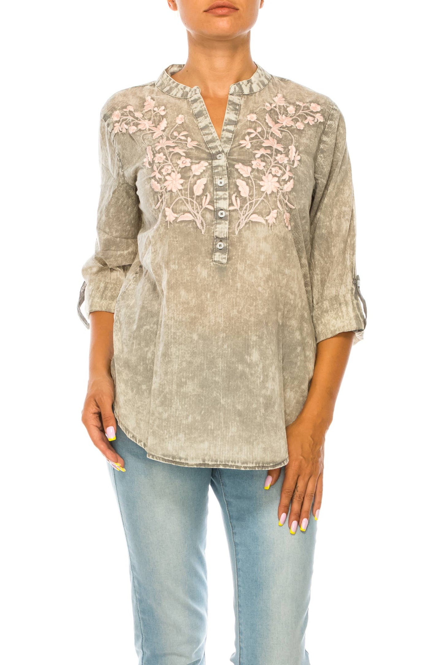 Vintage Half Button Down Tunic with Floral Embroidery