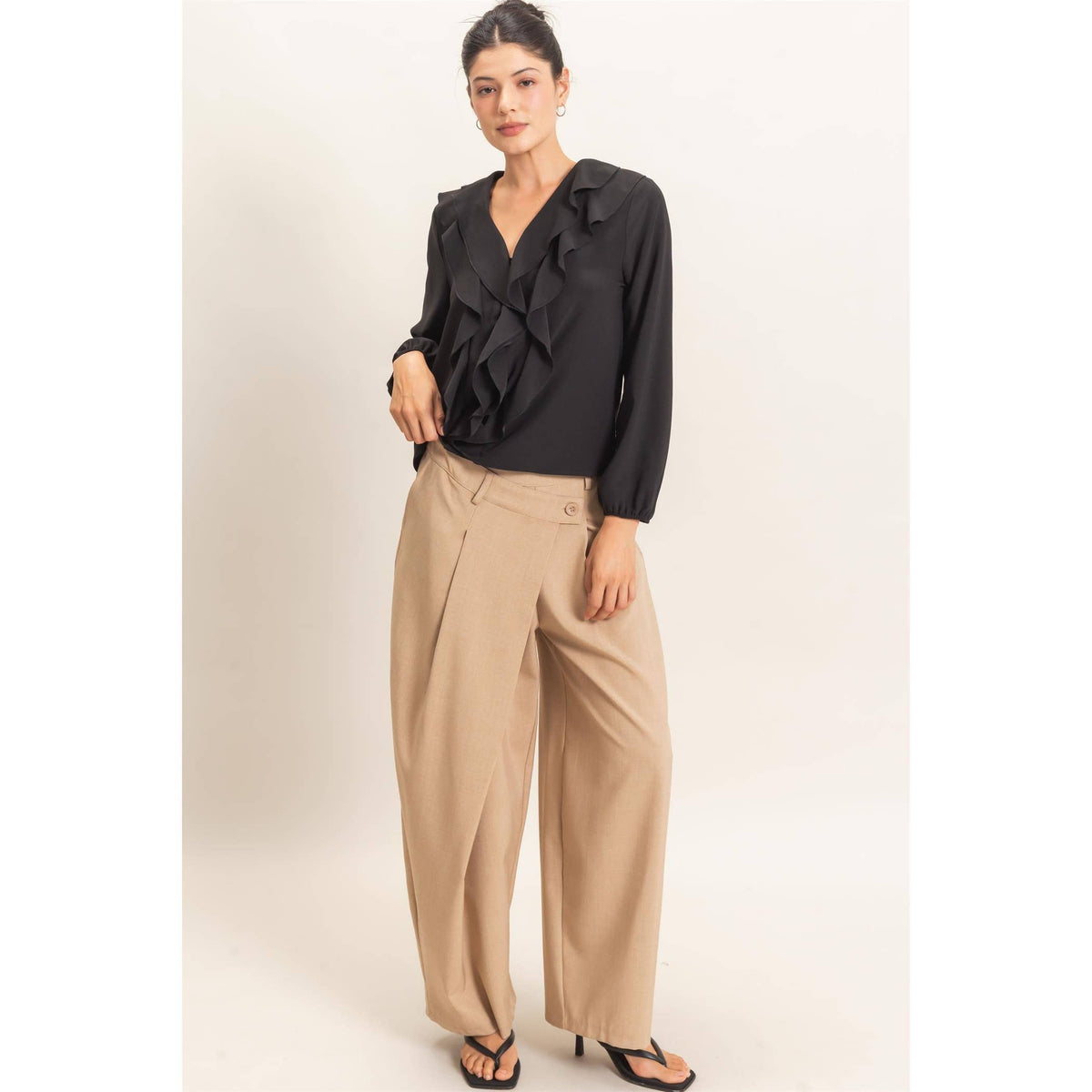 Ruffled V-Neck Button-Up Blouse