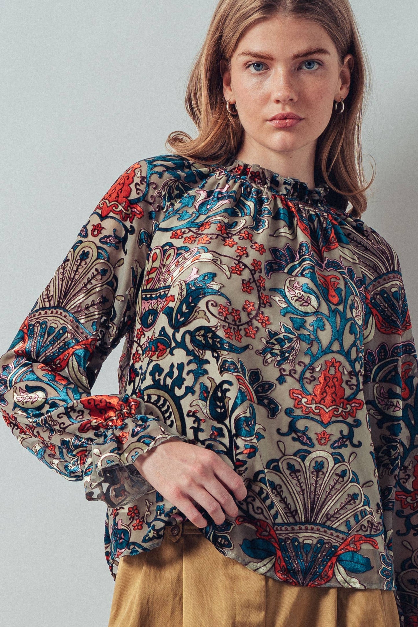 Burnout Velvet Smocked Mock Neck Blouse