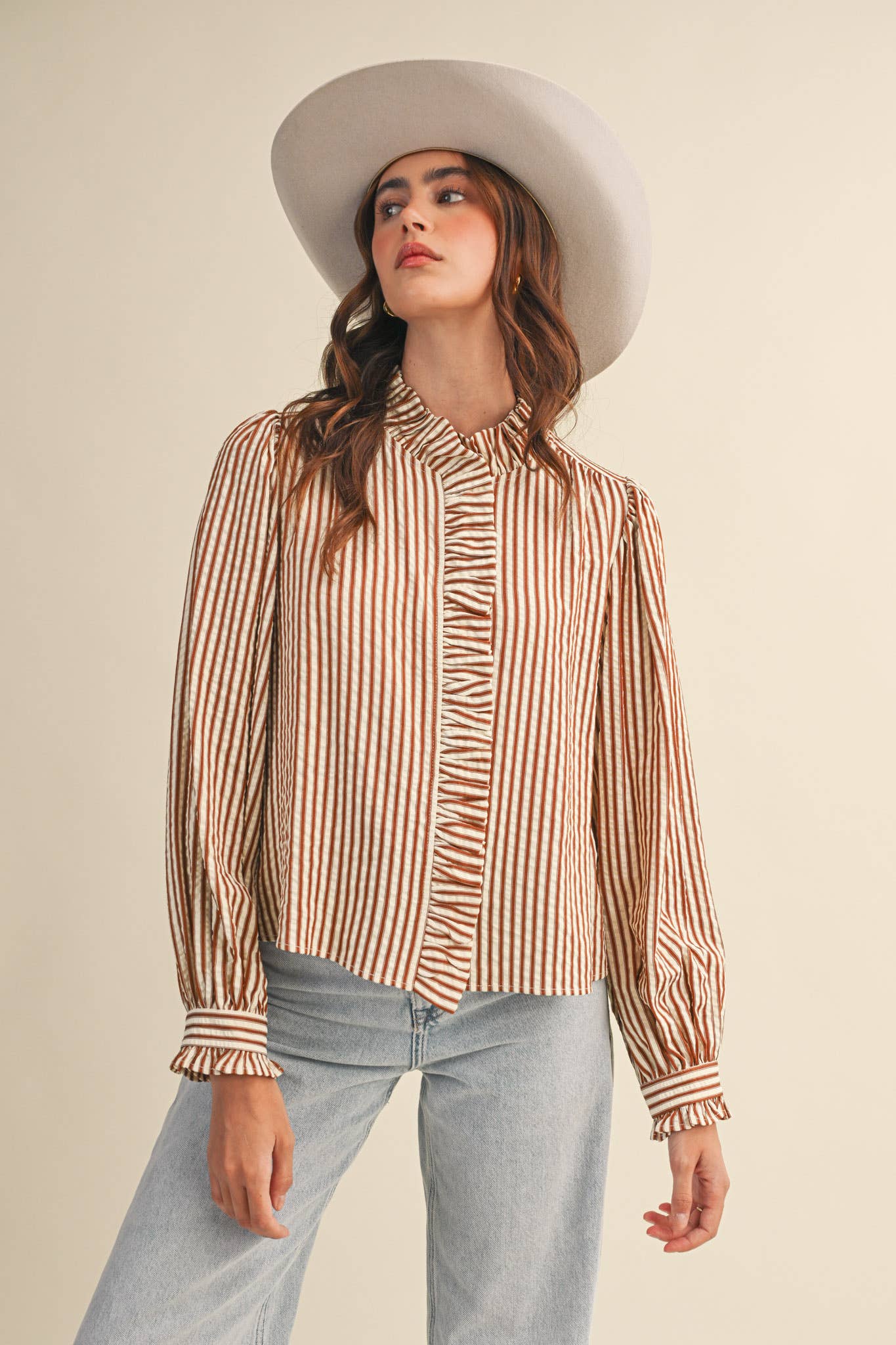 STRIPED RUFFLED BUTTON DOWN