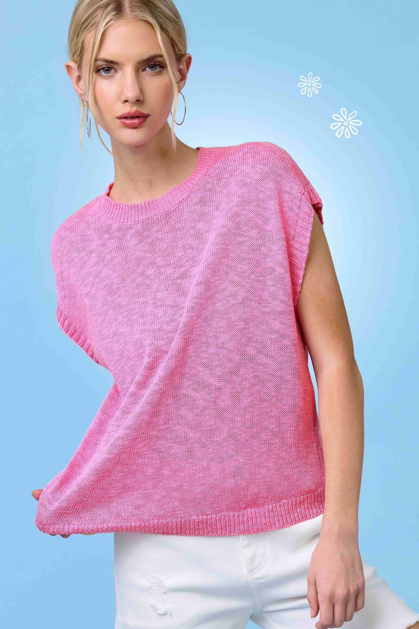Loose Fit Sleeveless Ribbed Knit Mock Crew Neck Top