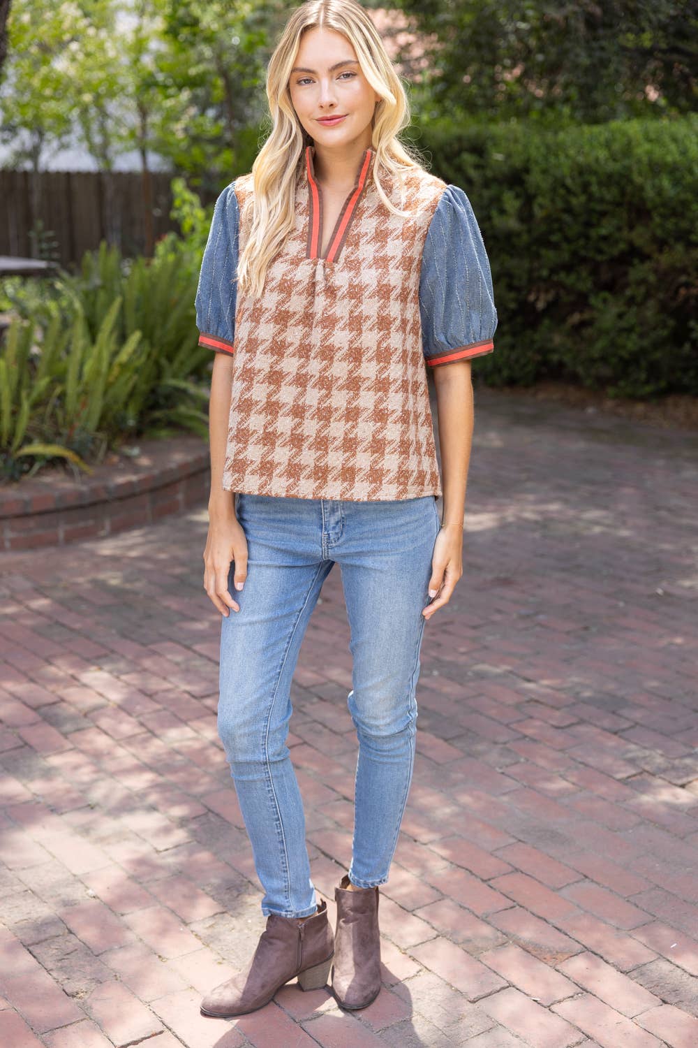 Stripe Denim Sleeve Houndstooth Tweed Top