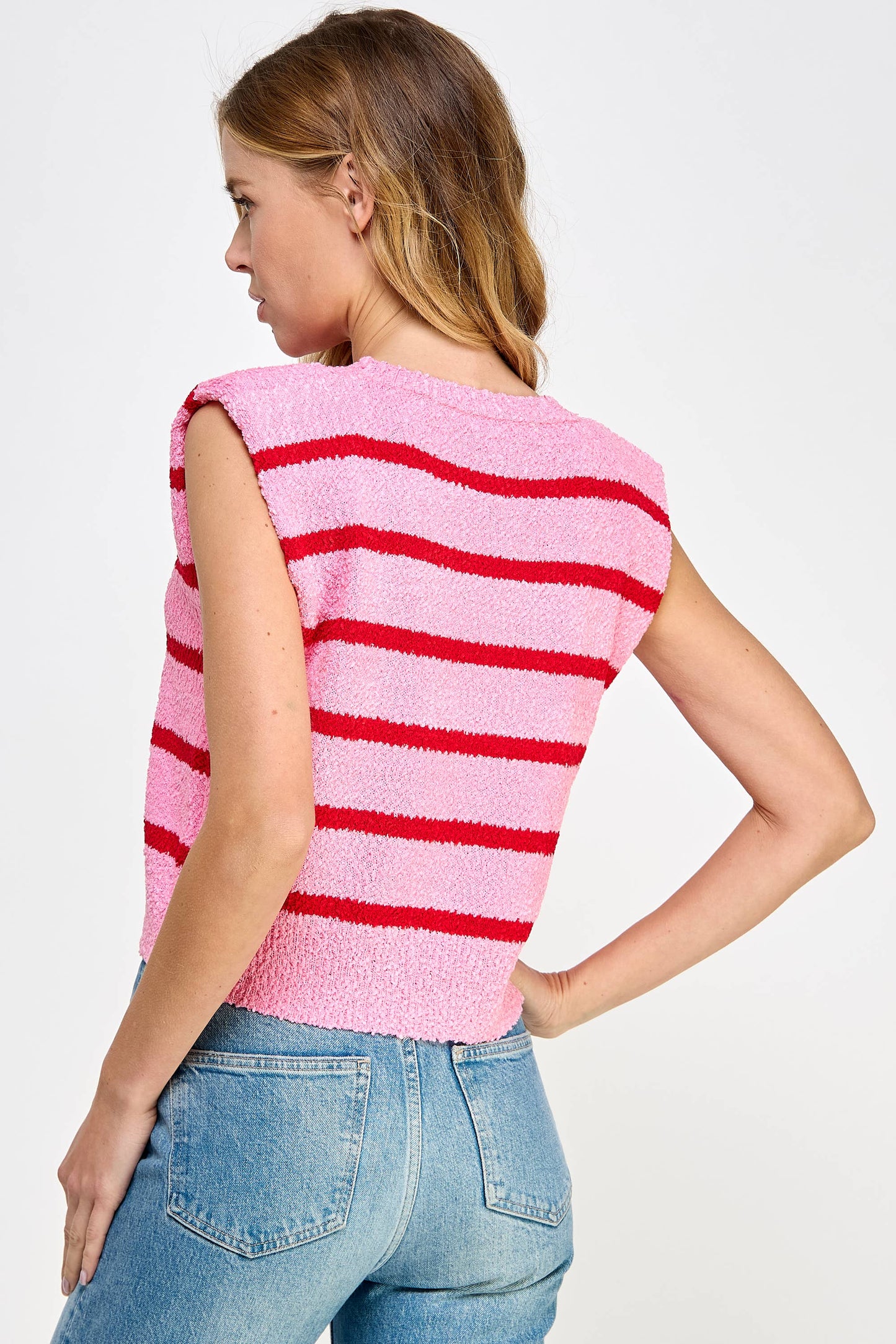 Shoulder Pad Sleeveless Textured Striped Knit Top