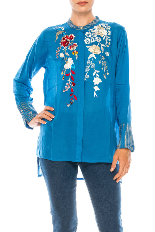 Button Down Boho Top with Embroidery