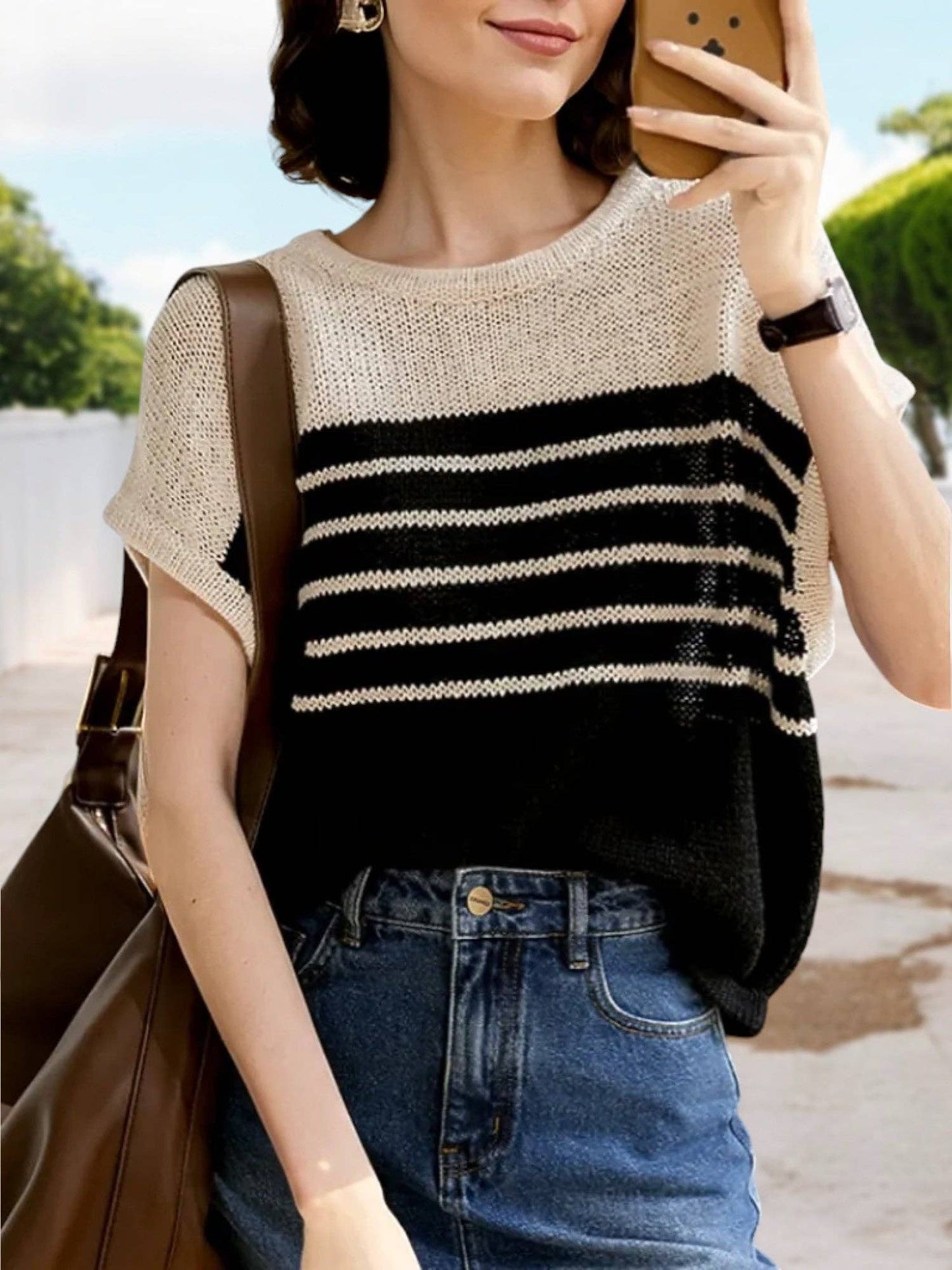 Striped Knit Sleeveless Sweater Top