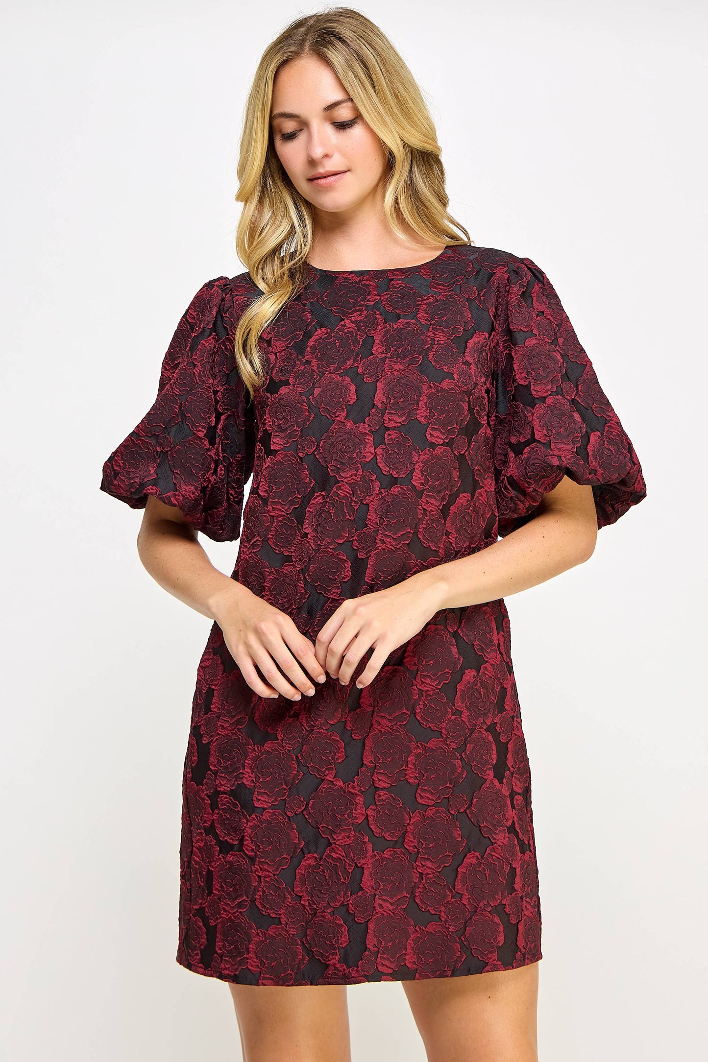 PUFF SLEEVE JACQUARD DRESS WINE