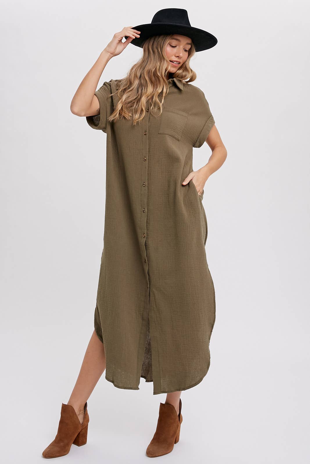 Button Up Maxi Shirt Dress with Pocket