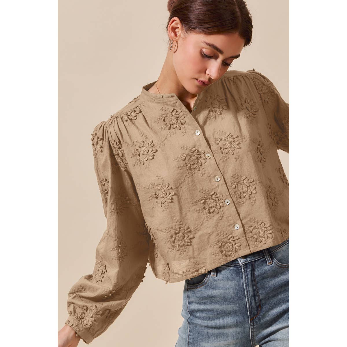 3D FLORAL WOVEN LONG SLEEVE FRONT BUTTON SHIRT