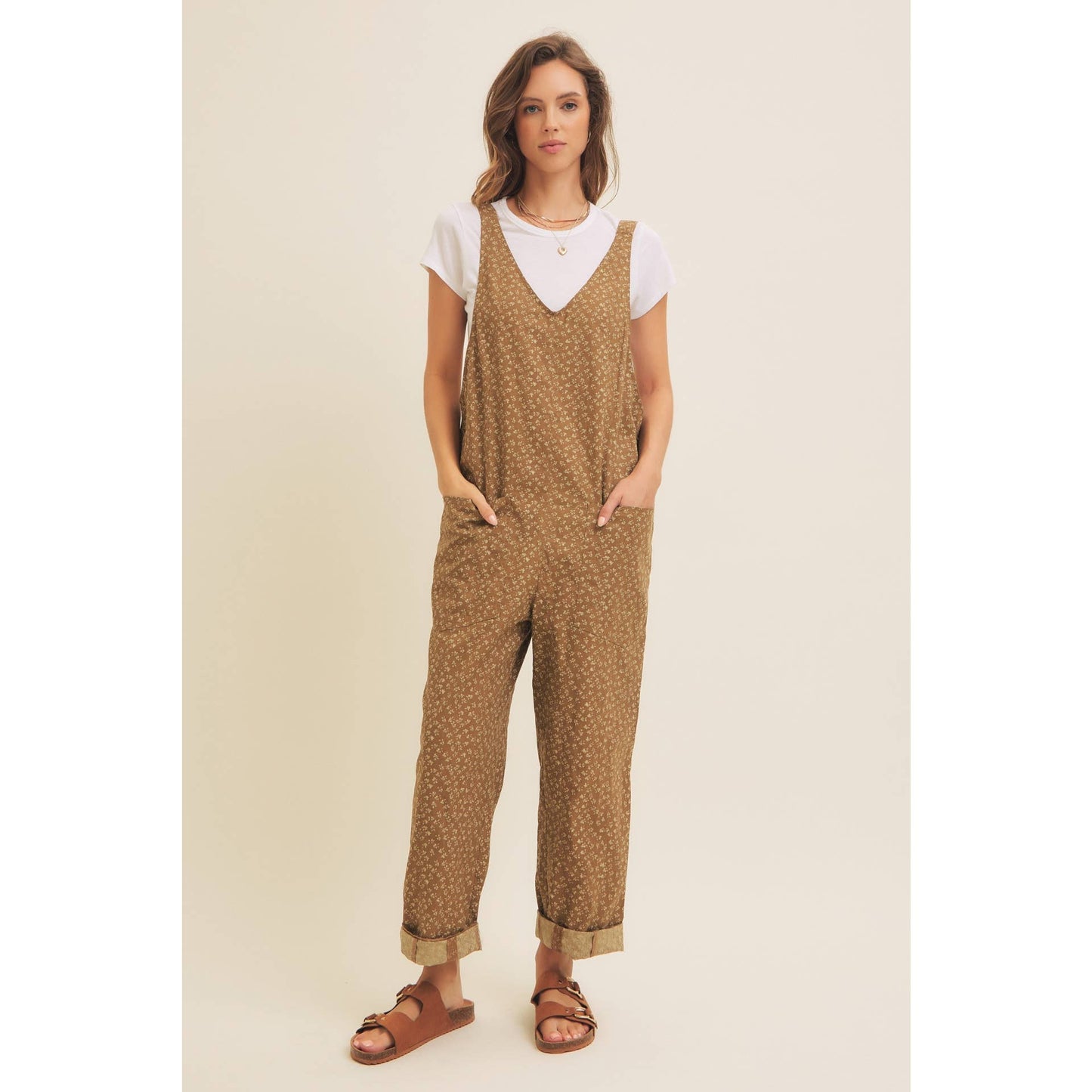 COTTON GARMENT WASHED DITSY FLORAL RELAXED FIT JUMPSUITS