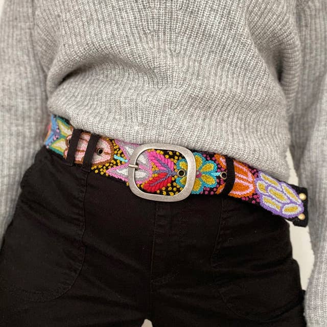 Folklorica Floral Embroidered Wool Belt, Black