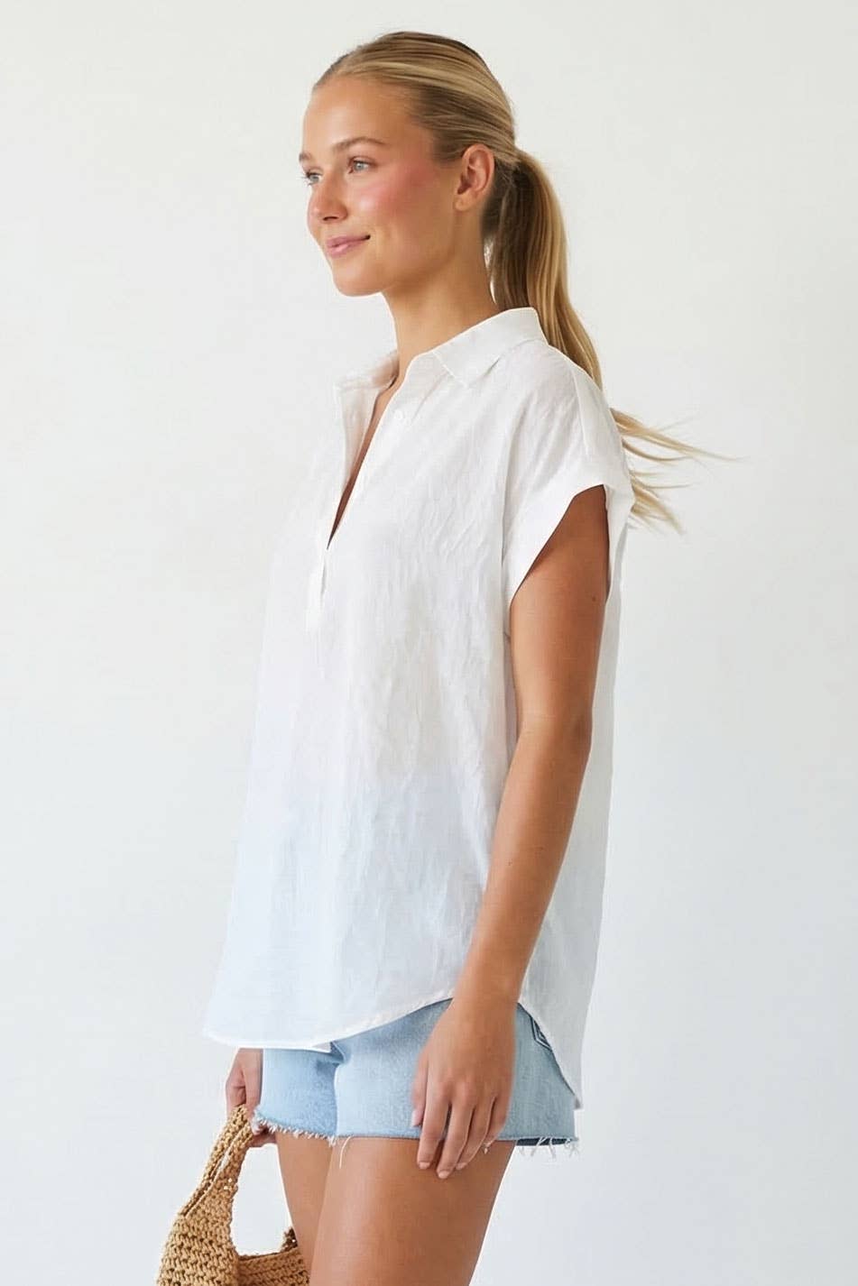 Cotton Short Sleeve Popover Blouse