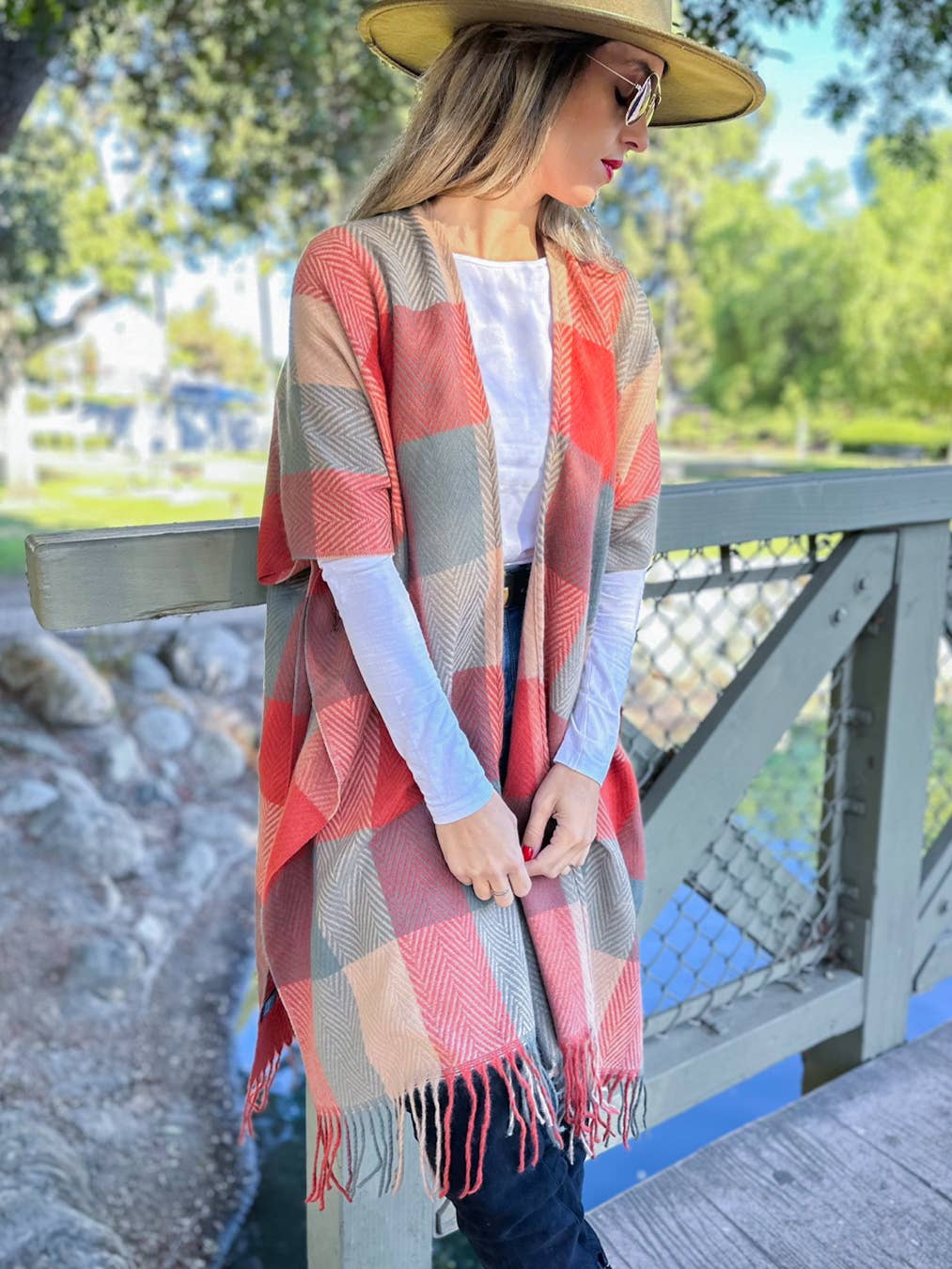Elegant Rust  Check Plaid Ruana Cardigan with Tassels