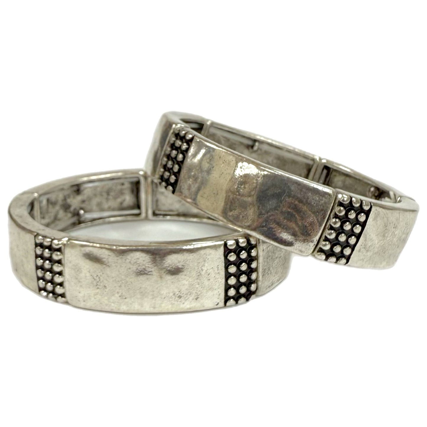 Hammered Silver Metal Stretch Bracelets with Bubble Accents