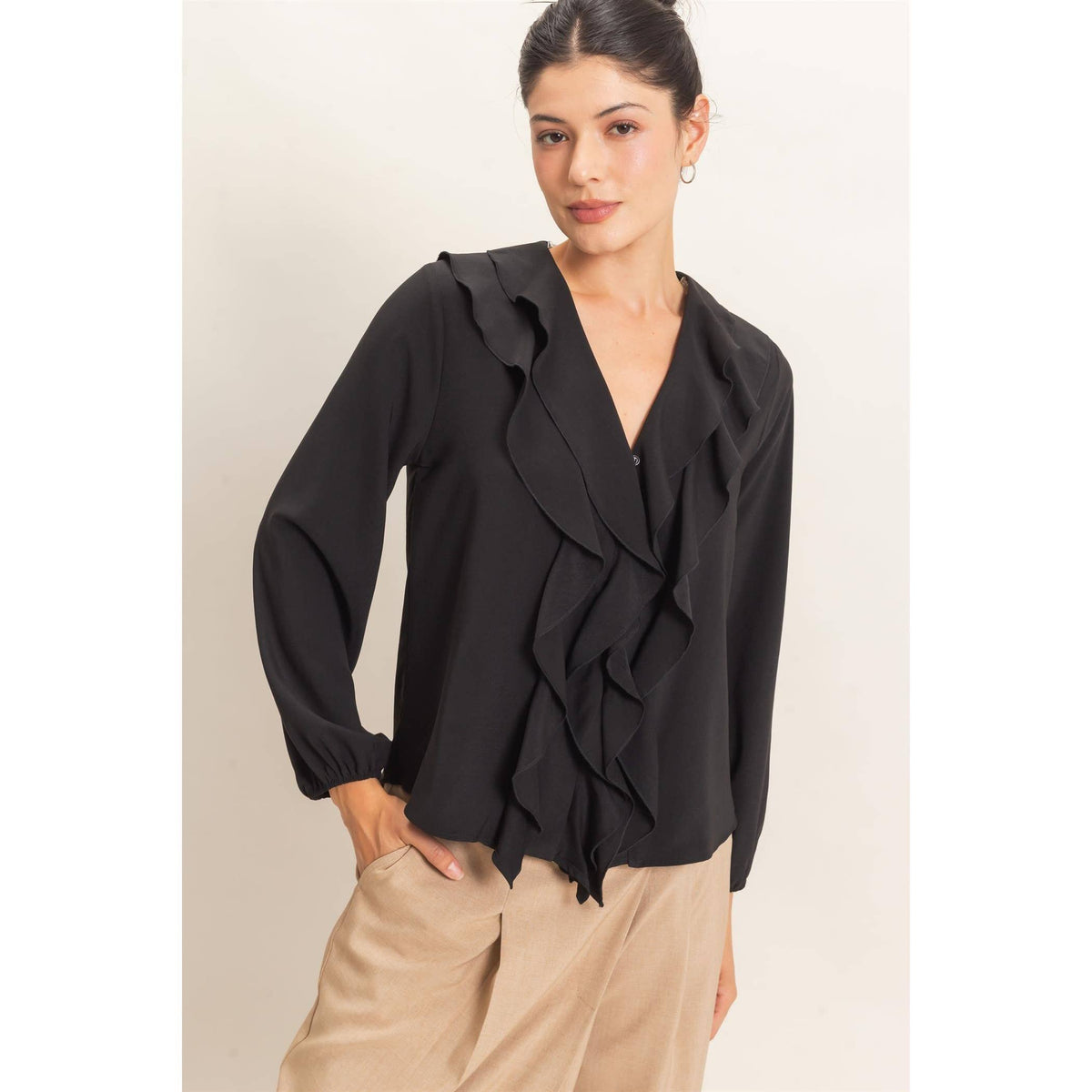Ruffled V-Neck Button-Up Blouse