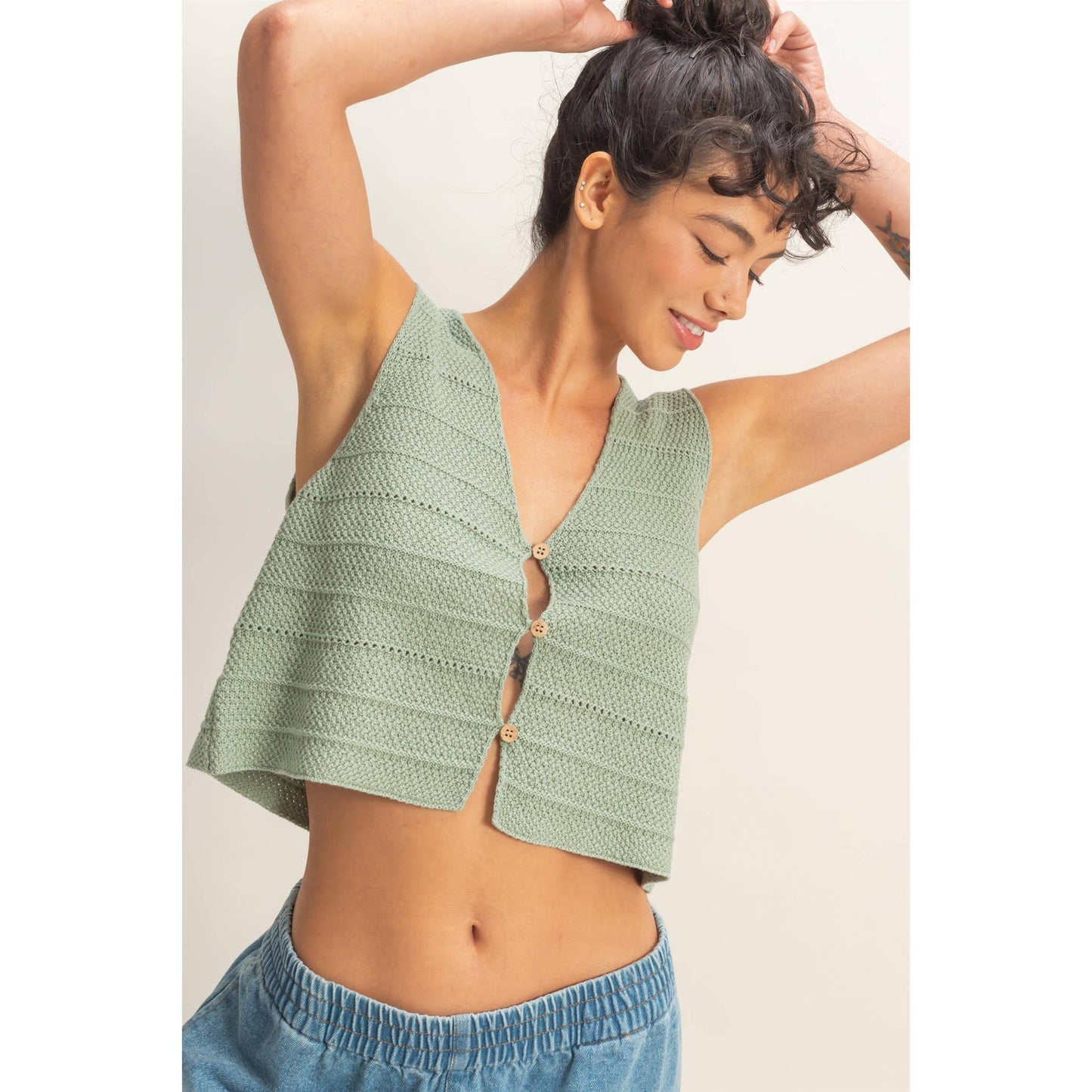 V-Neck Textured Sleeveless Knit Vest