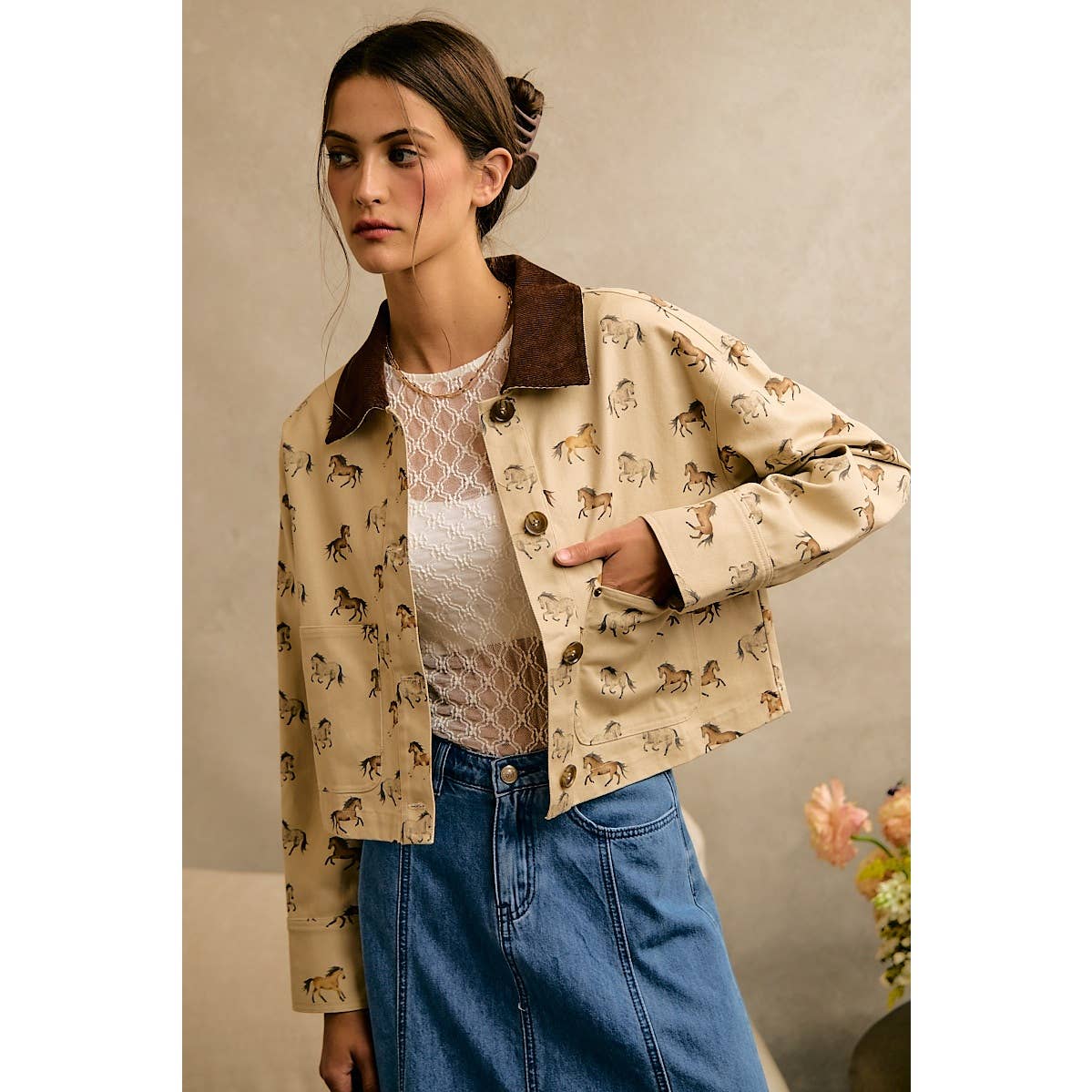 HORSE PRINT CORDUROY COLLAR JACKET