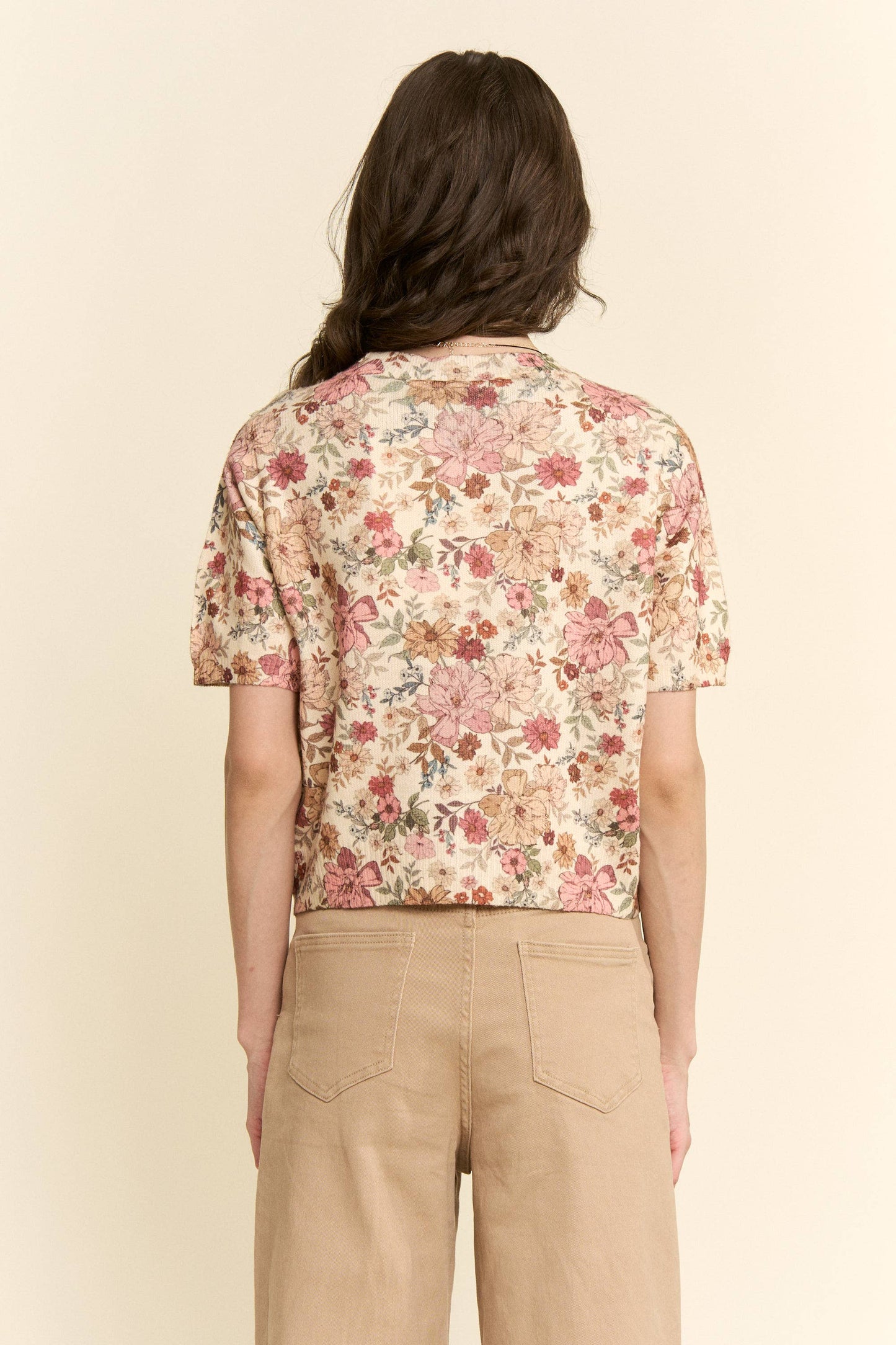 FLORAL KNIT BUTTON DOWN SHORT SLEEVE TOP