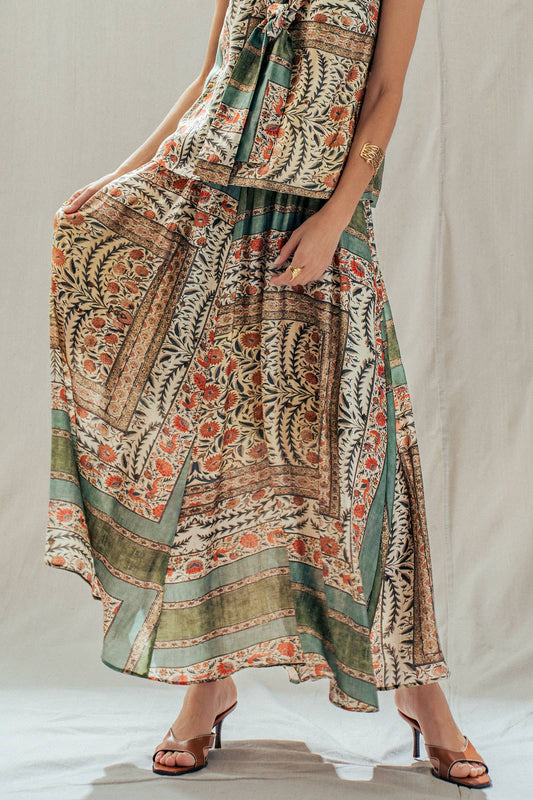 Botanical Bird Print Tencel Blend Maxi Skirt