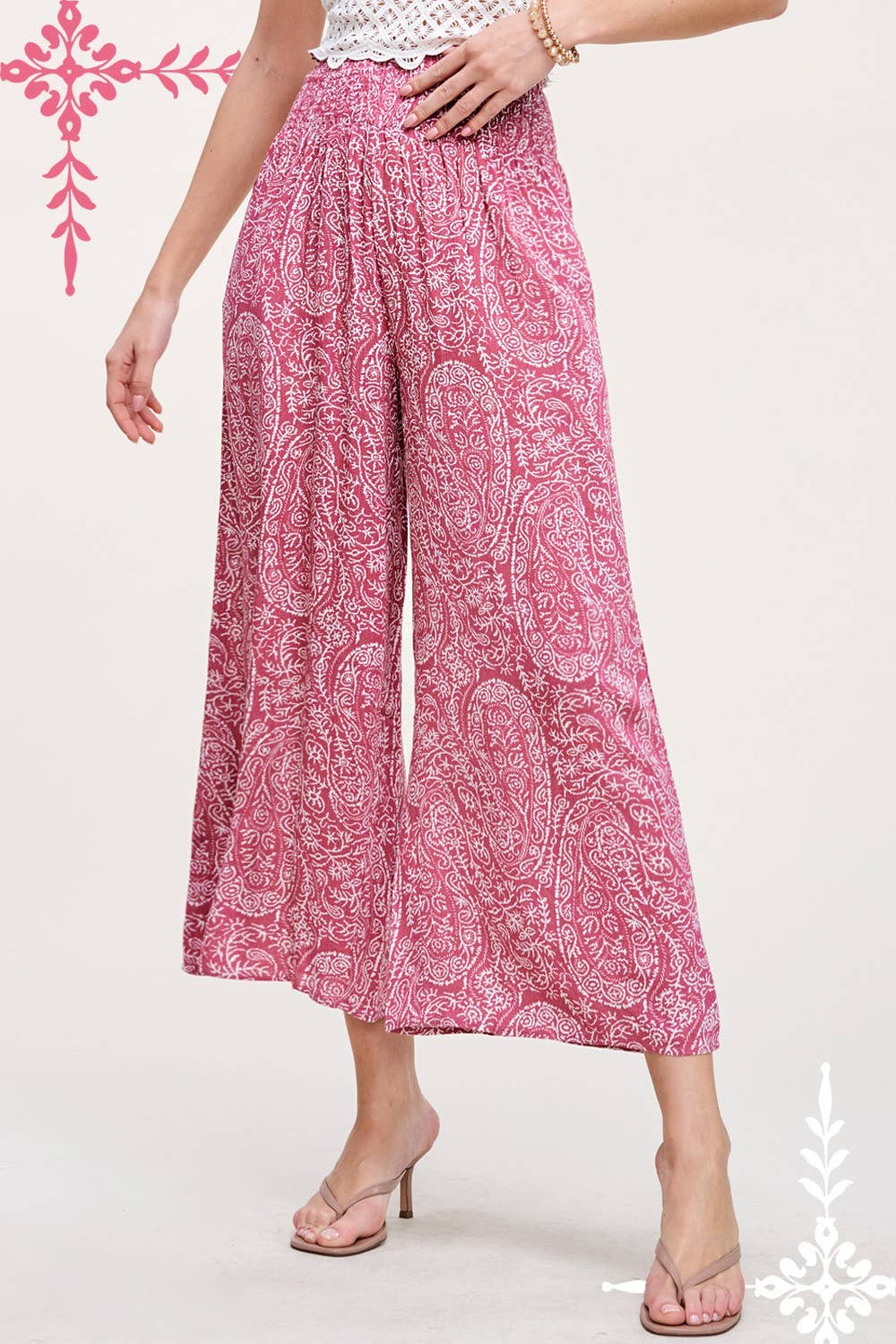 Boho Paisley Print Wide Leg Flowy Pants with Pockets