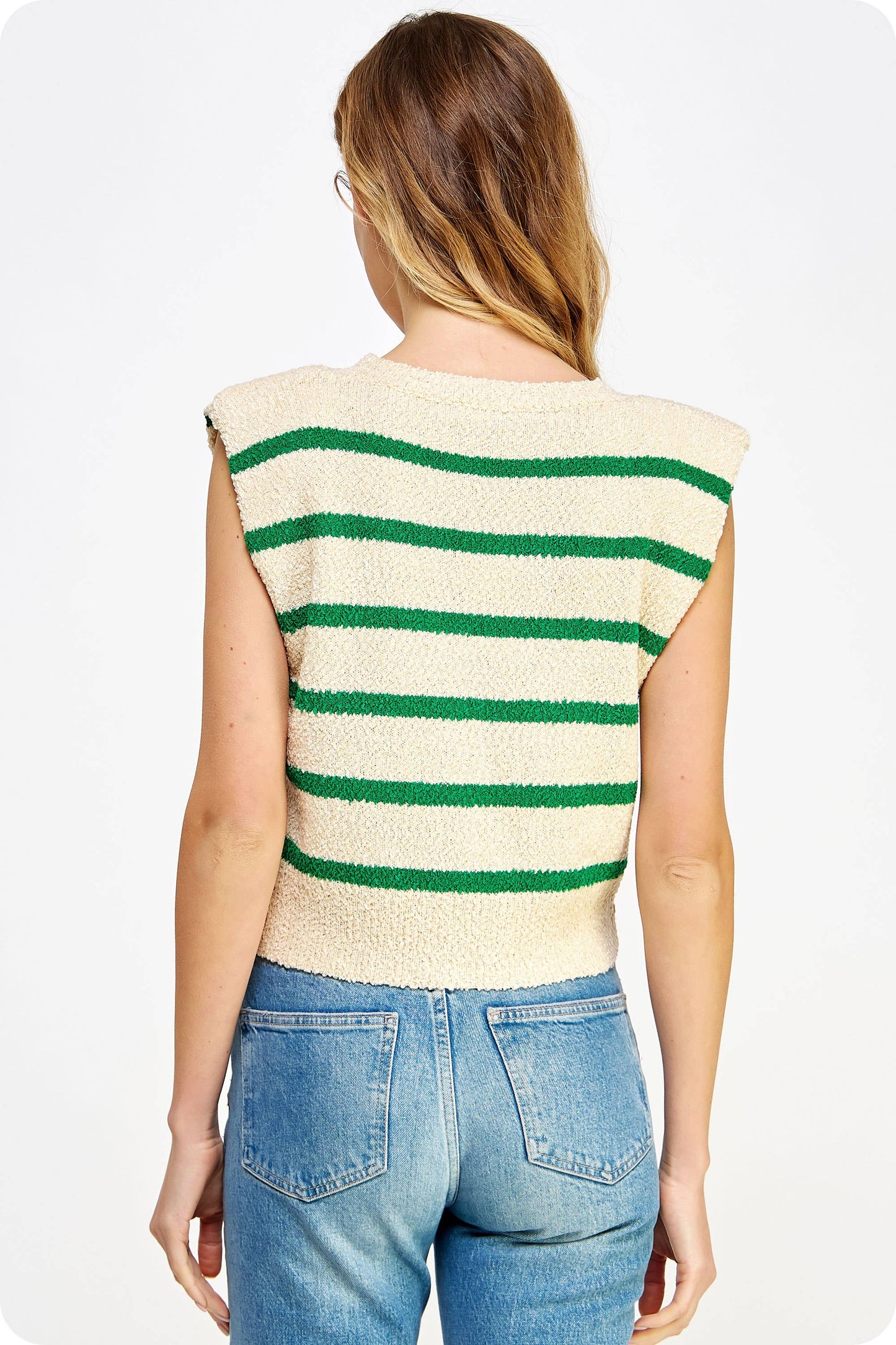 Shoulder Pad Sleeveless Textured Striped Knit Top