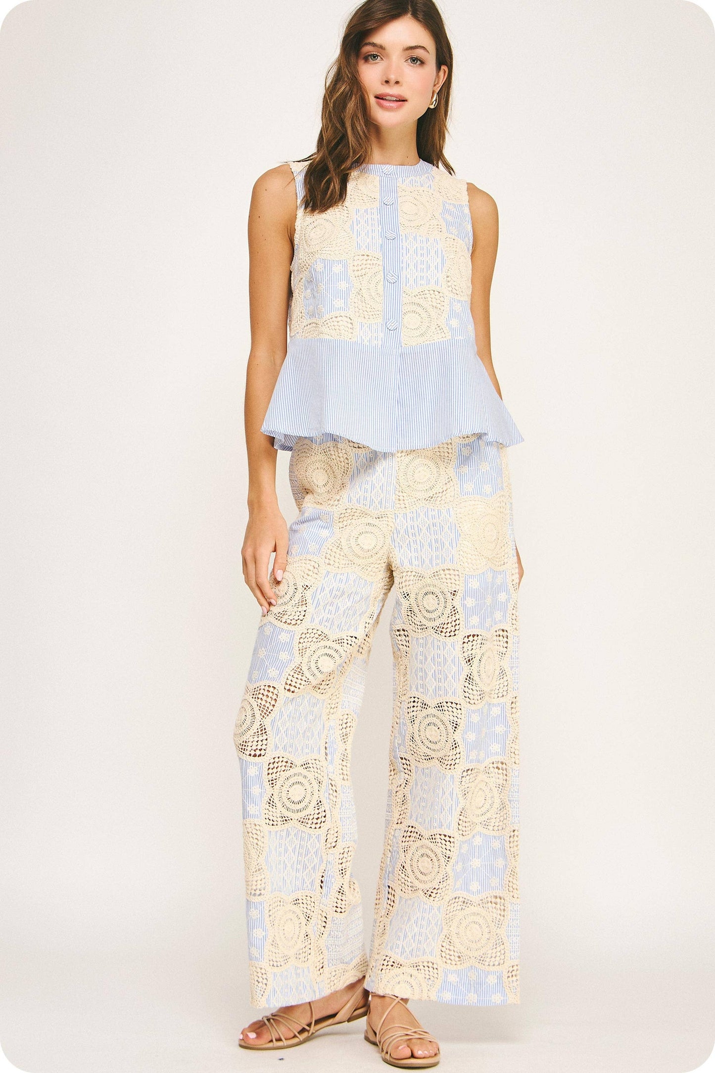 Floral Crochet Stripe Patchwork Button Down Top